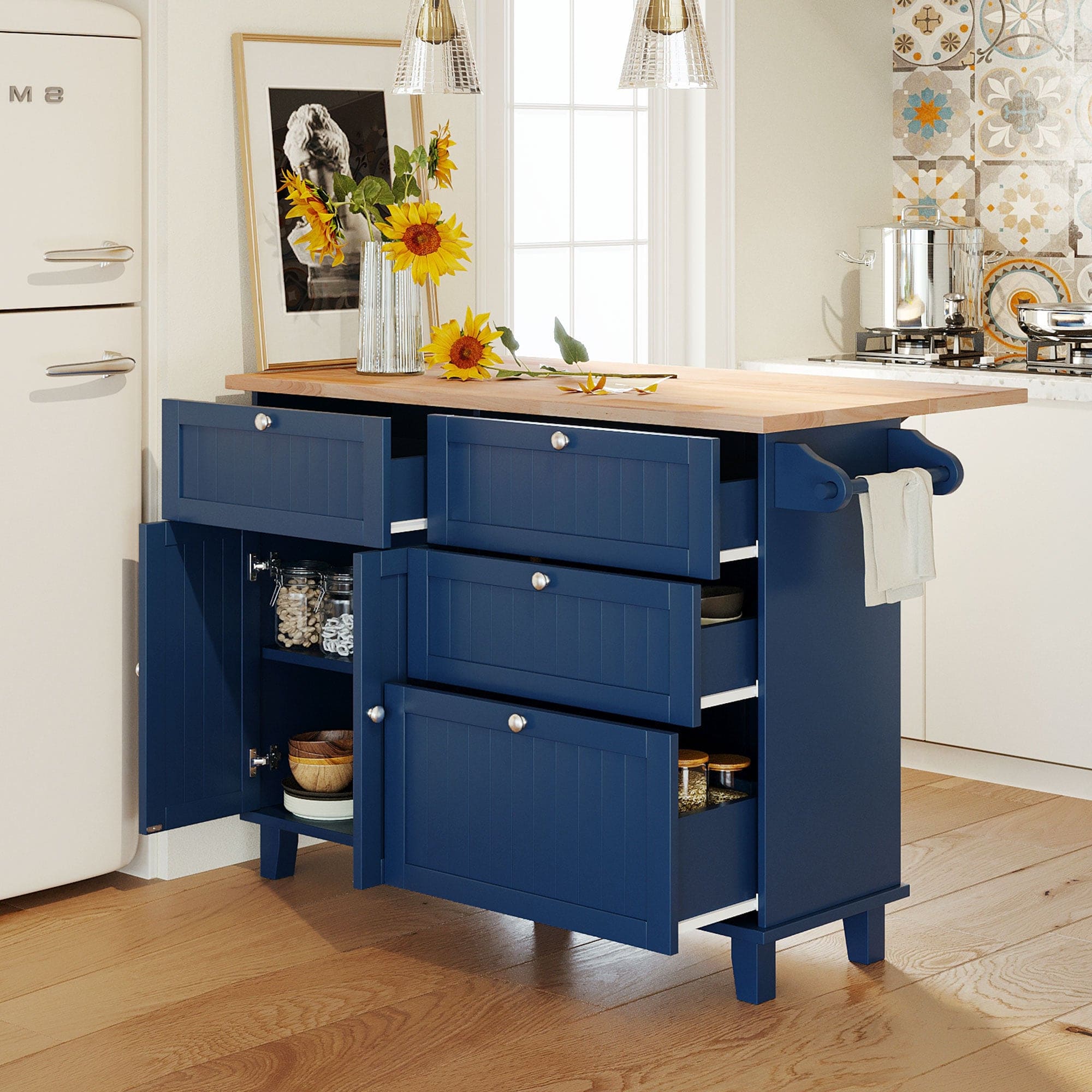 Farmhouse Kitchen Island Set with Drop Leaf and 2 Seatings,Dining Table Set with Storage Cabinet, Drawers and Towel Rack, Blue+Black+Brown