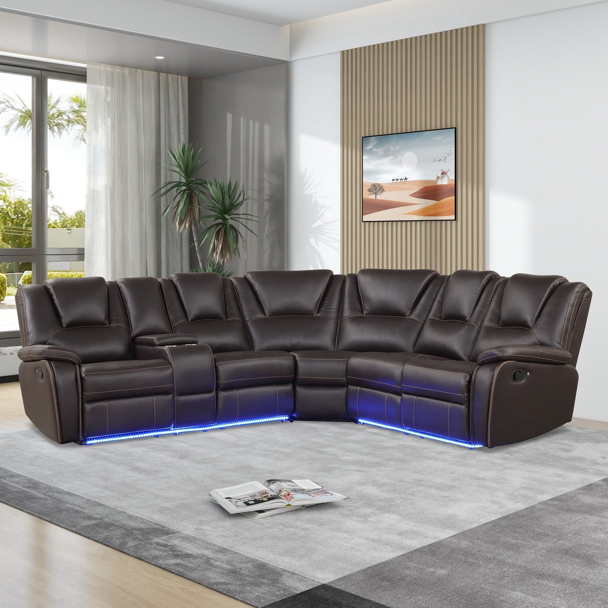 Modern Faux Leather Manual Reclining with Center Console and LED Light Strip,Living Room Furniture Set,PU Symmetrical Couch with 2 Cup Holders and Storage for Living room,Brown