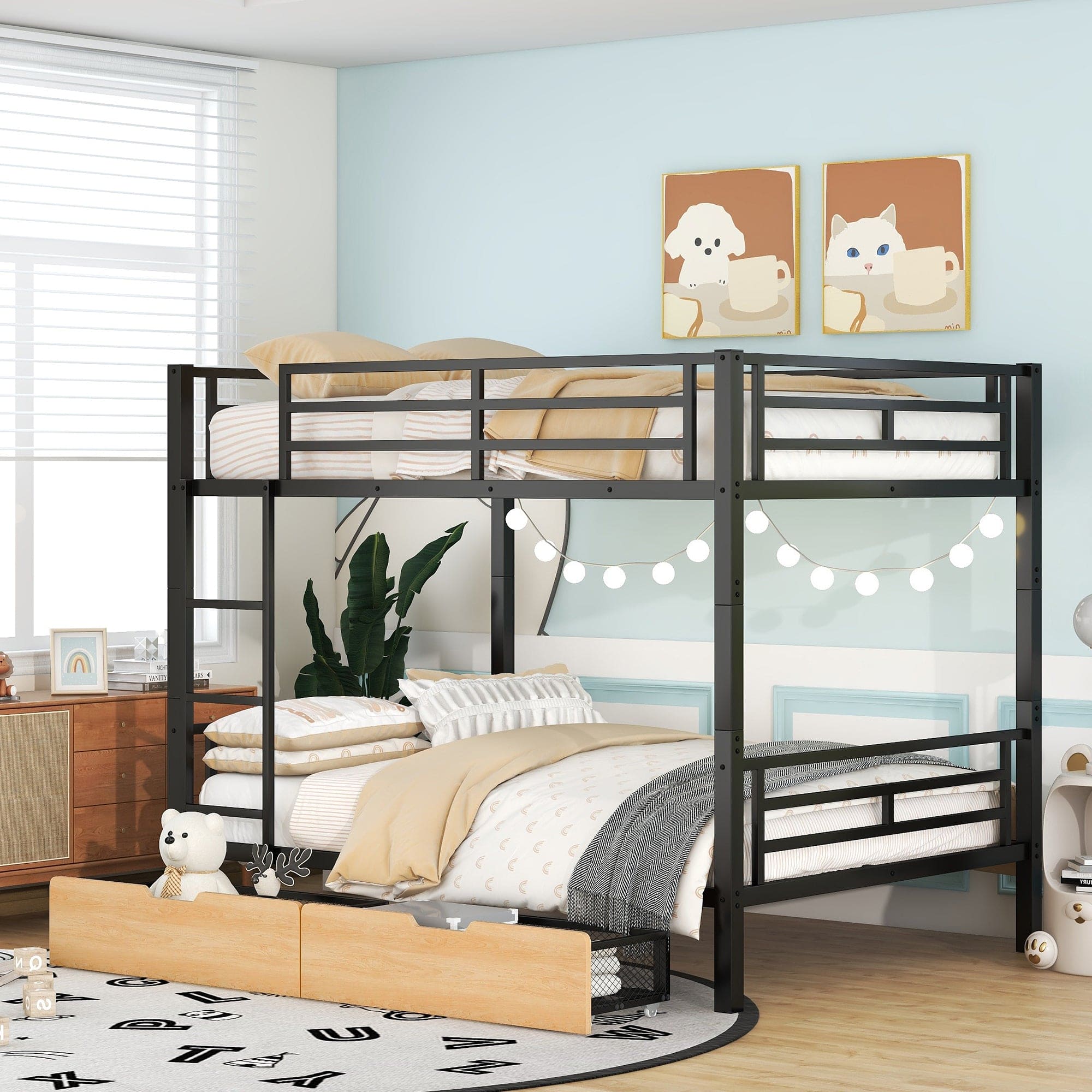 Metal Full Size Convertible Bunk Bed with 2 Drawers, Black