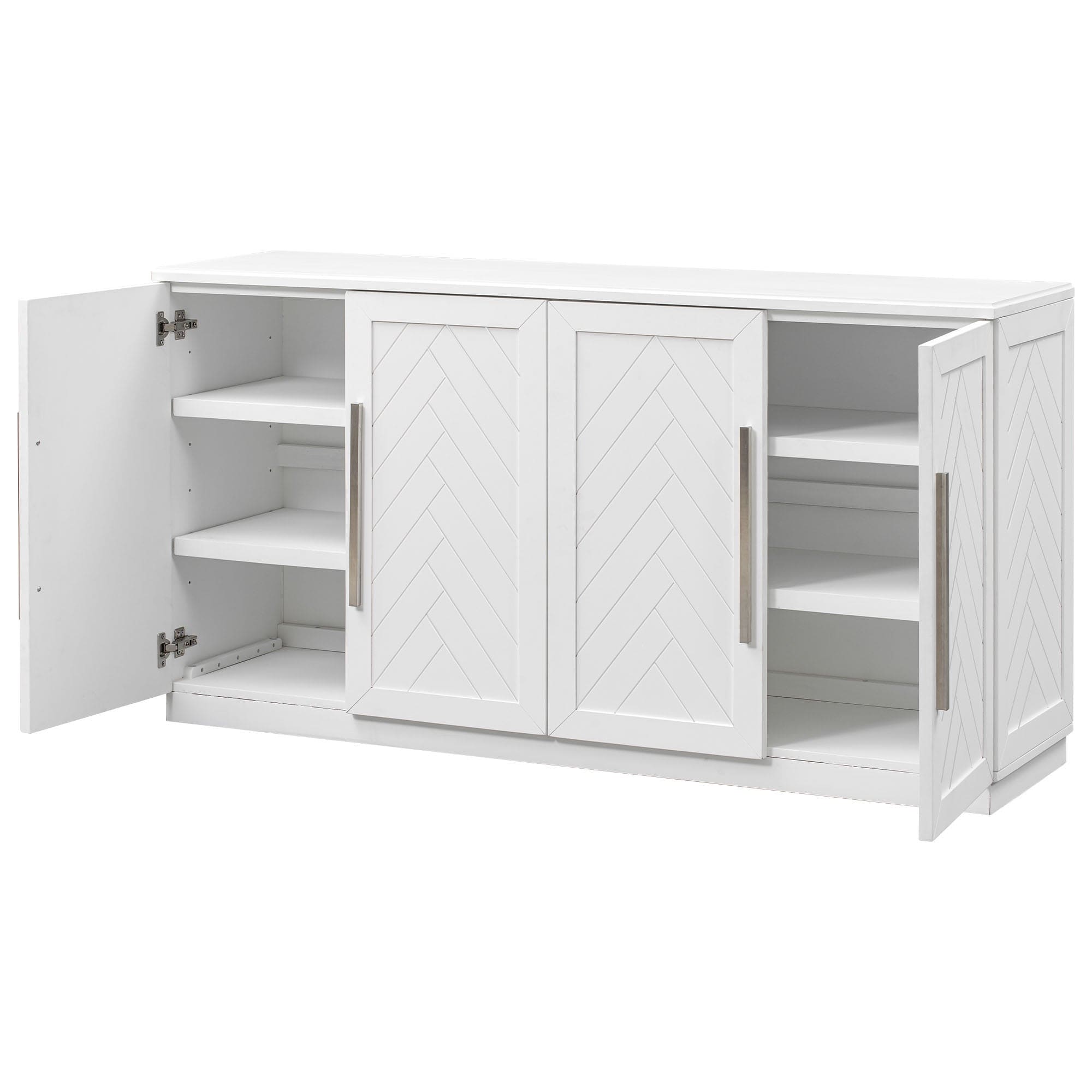 TREXM Sideboard with 4 Doors Large Storage Space Buffet Cabinet with Adjustable Shelves and Silver Handles for Kitchen, Dining Room, Living Room (White)