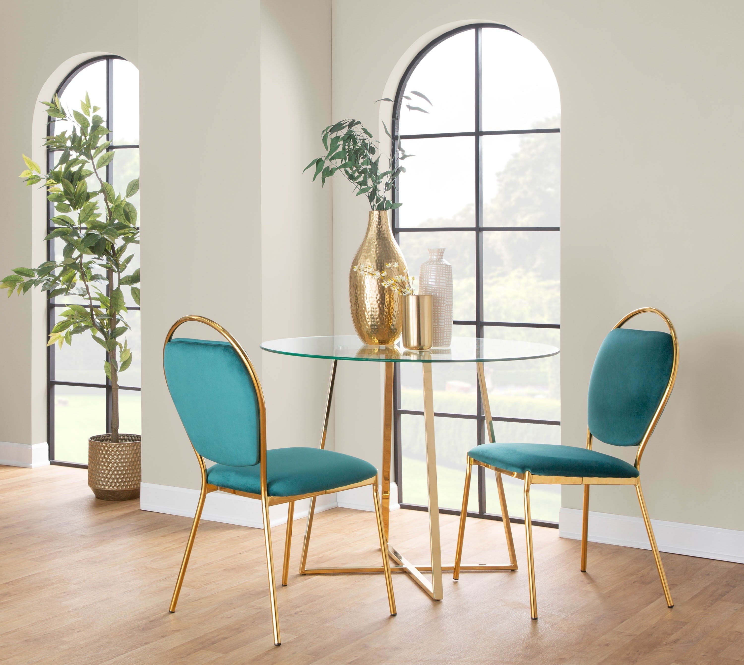 Keyhole Contemporay/Glam Dining Chair in Gold Metal and Green Velvet by LumiSource - Set of 2