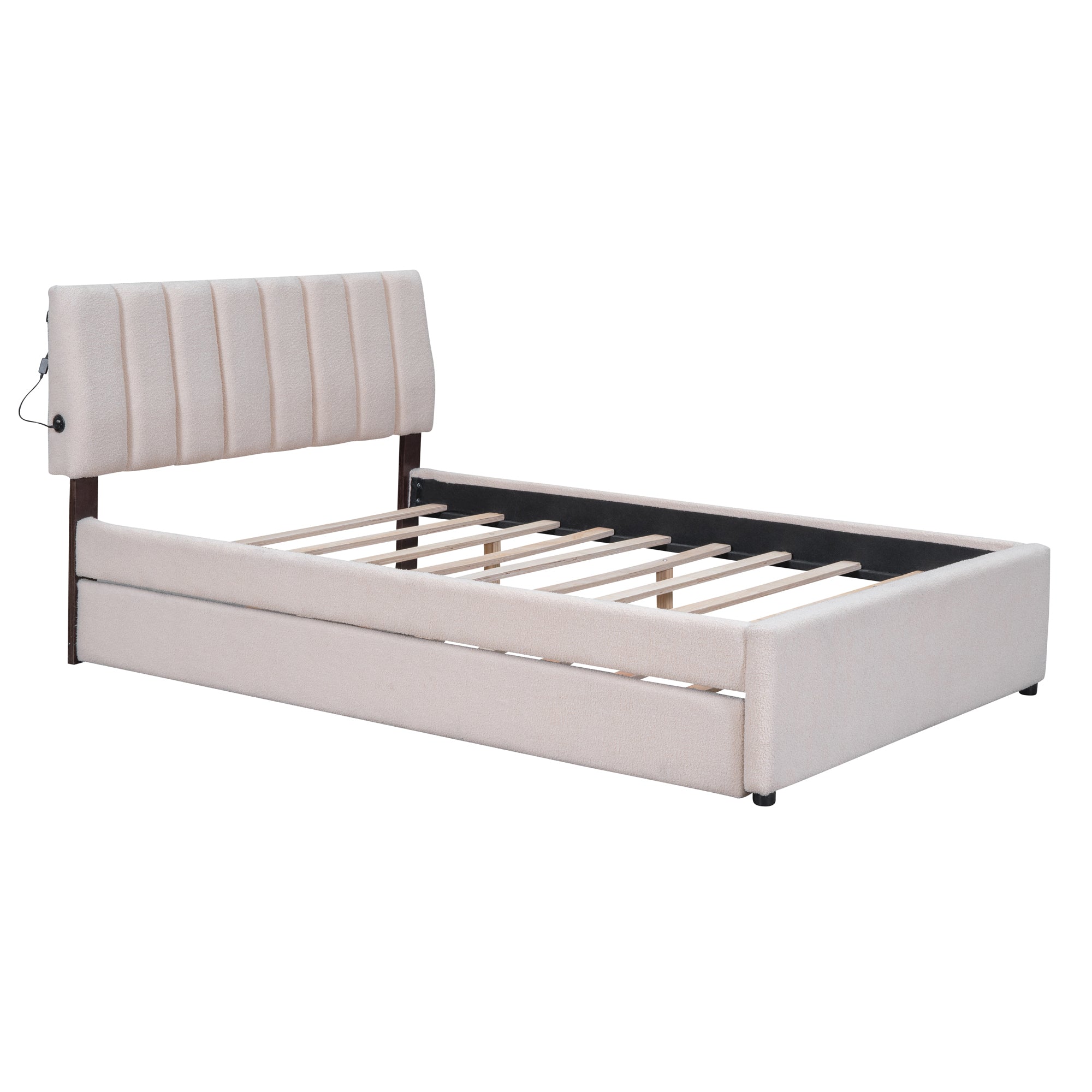 Teddy Fleece Full Size Upholstered Platform Bed with Trundle, Beige