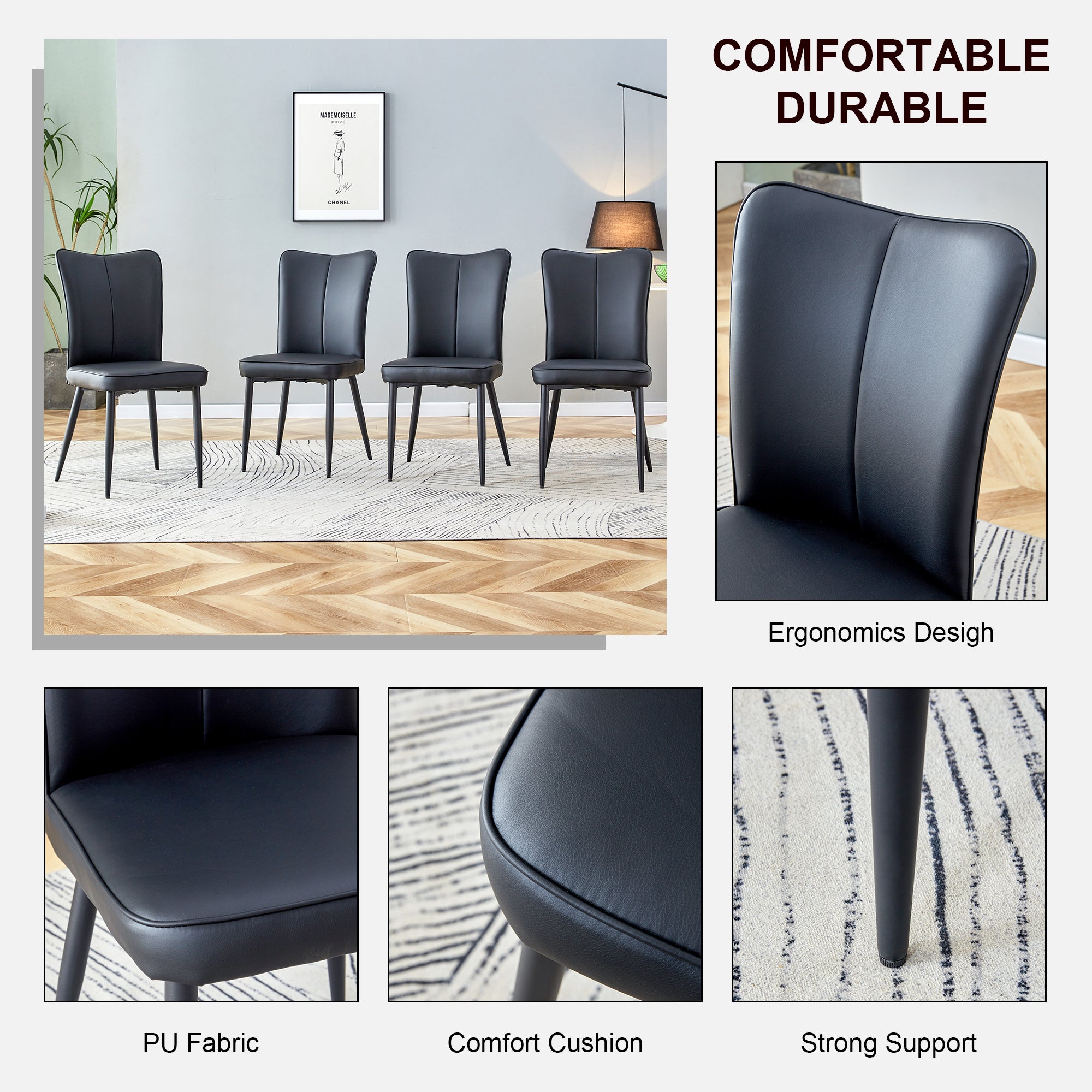 Modern minimalist dining chairs, black PU leather curved backrest and seat cushions, black metal chair legs, suitable for restaurants, bedrooms, and living rooms. A set of 2 chairs. 008