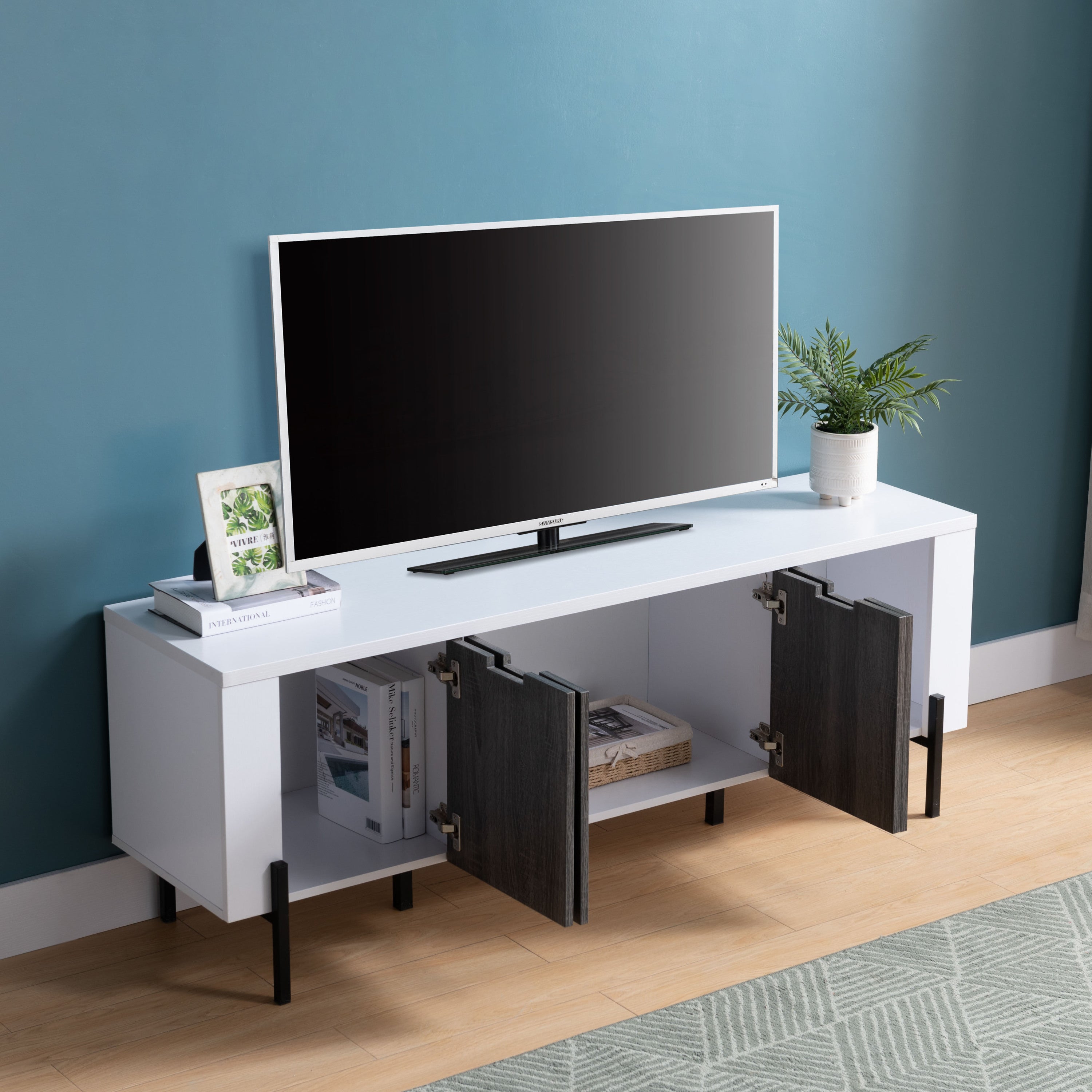 ID USA  213038 TV Stand White & Distressed Grey