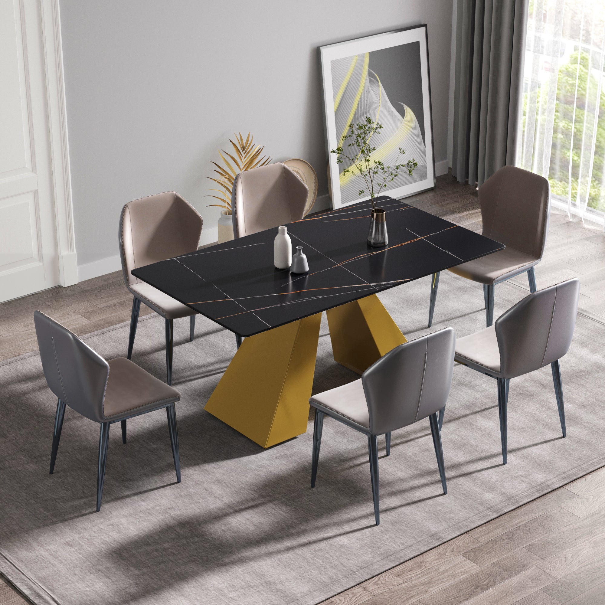 63"Modern artificial stone black straight edge golden metal leg dining table -6 people