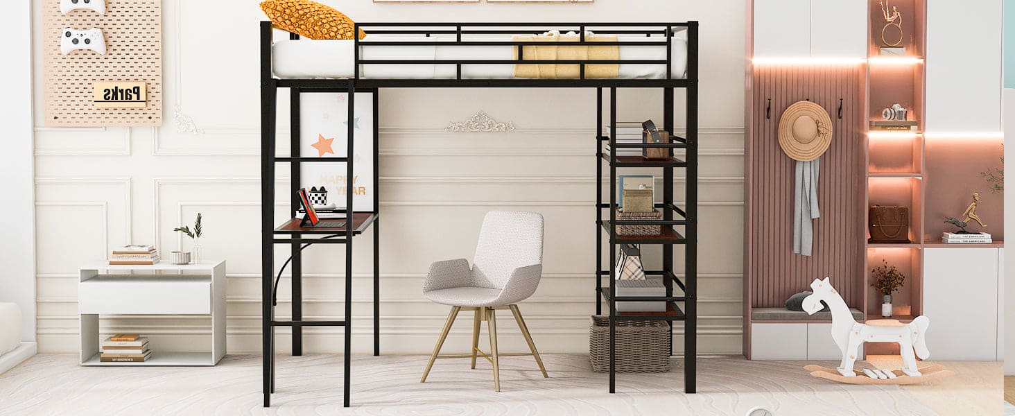 Twin Size Loft Metal Bed with 3 Layers of Shelves and Desk, Stylish Metal Frame Bed with Whiteboard, Black