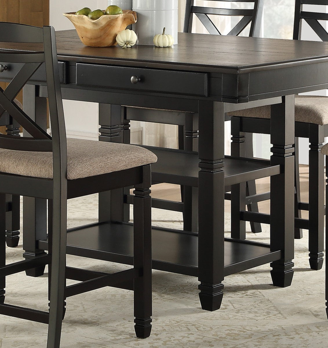 Transitional Style Counter Height Dining Set 5pc Table w Display Shelves Drawers and 4x Counter Height Chairs Black Finish Funiture