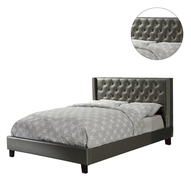 Full Size Bed 1pc  Bed Set Silver Faux Leather Upholstered Tufted Bed Frame Headboard Bedroom Furniture