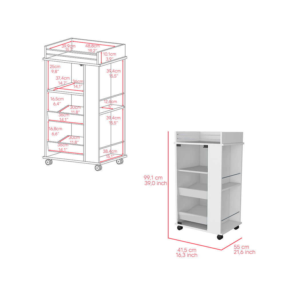 Bar Cart with Two-Side Shelves Beaver, Glass Door and Upper Surface, White Finish