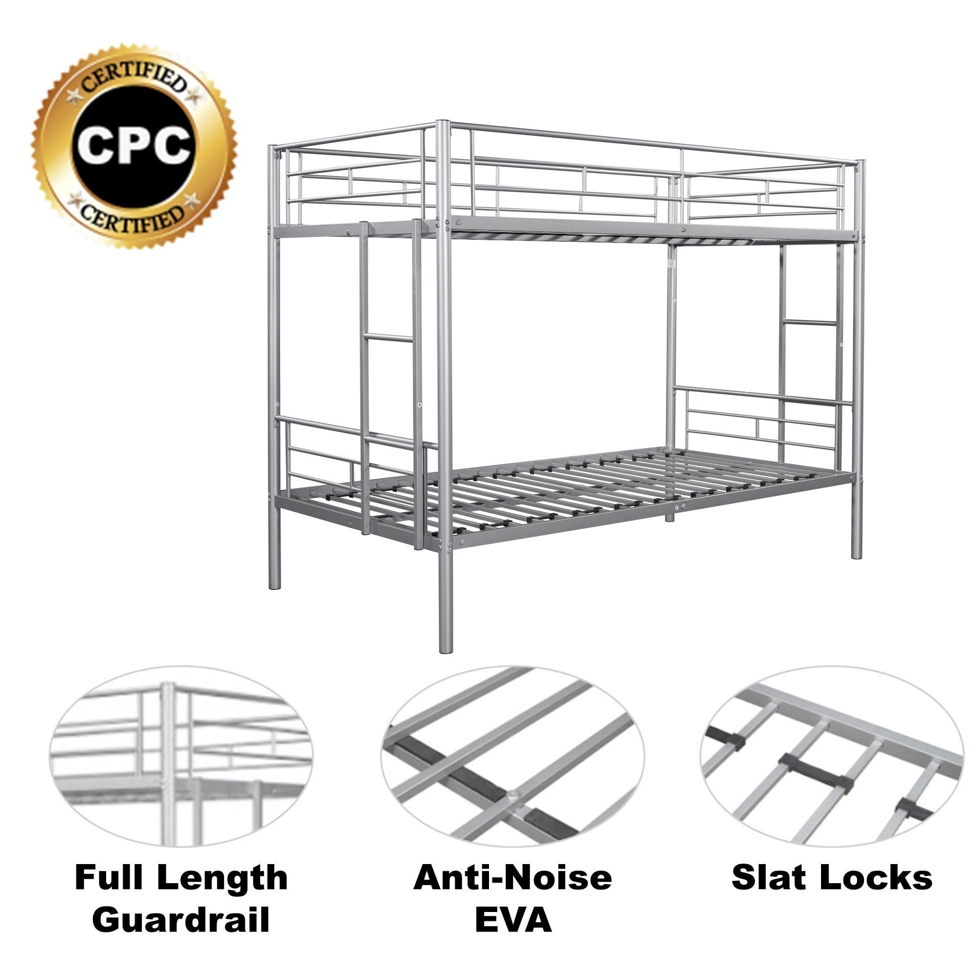 Metal Twin over Twin Bunk Bed/ Heavy-duty Sturdy Metal/ Noise Reduced Design/ Safety Guardrail/ 2 Side Ladders/ CPC Certified/ No Box Spring Needed