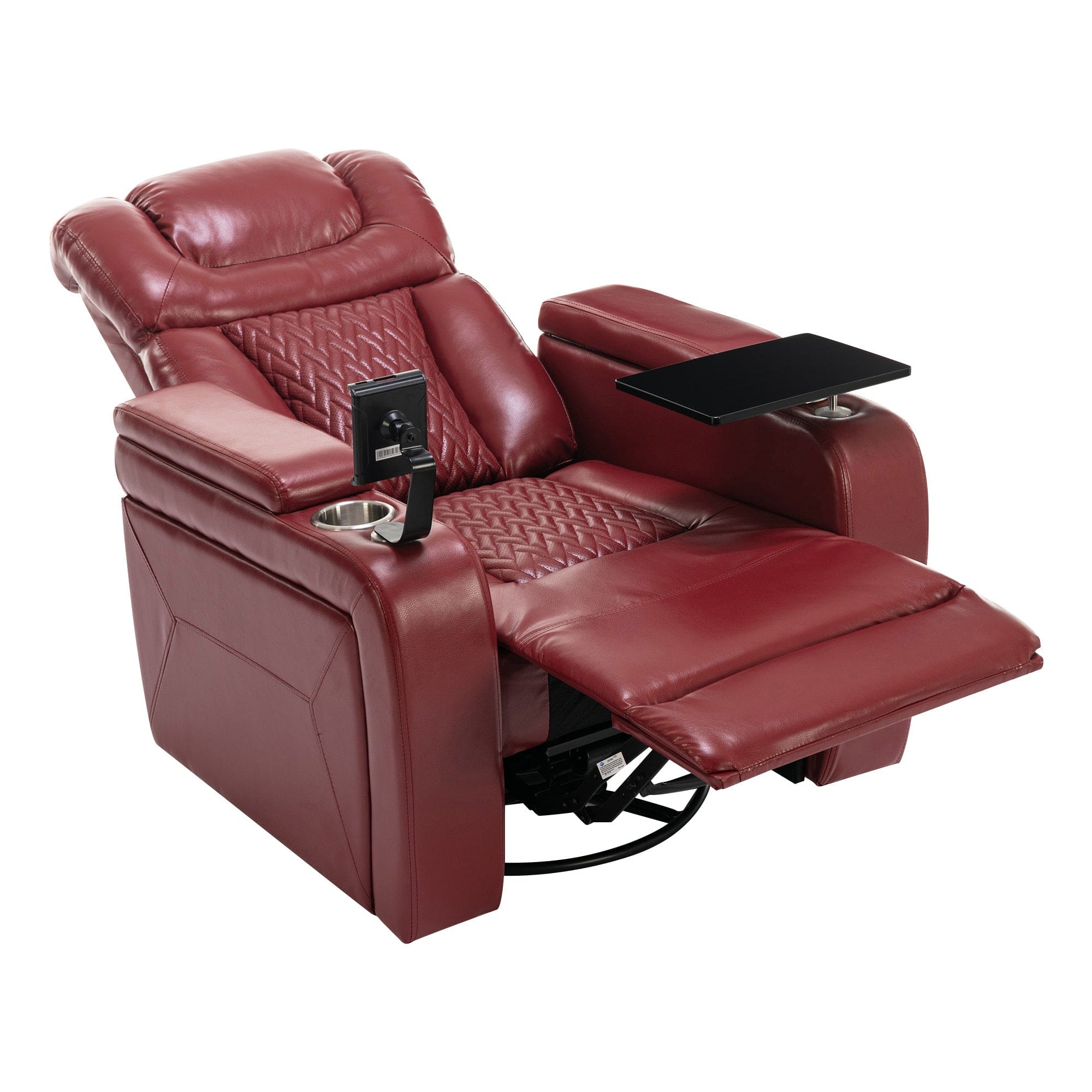 270 Degree Swivel PU Leather Power Recliner Individual Seat Home Theater Recliner with  Comforable Backrest, Tray Table,  Phone Holder, Cup Holder,  USB Port, Hidden Arm Storage for Living Room, Red