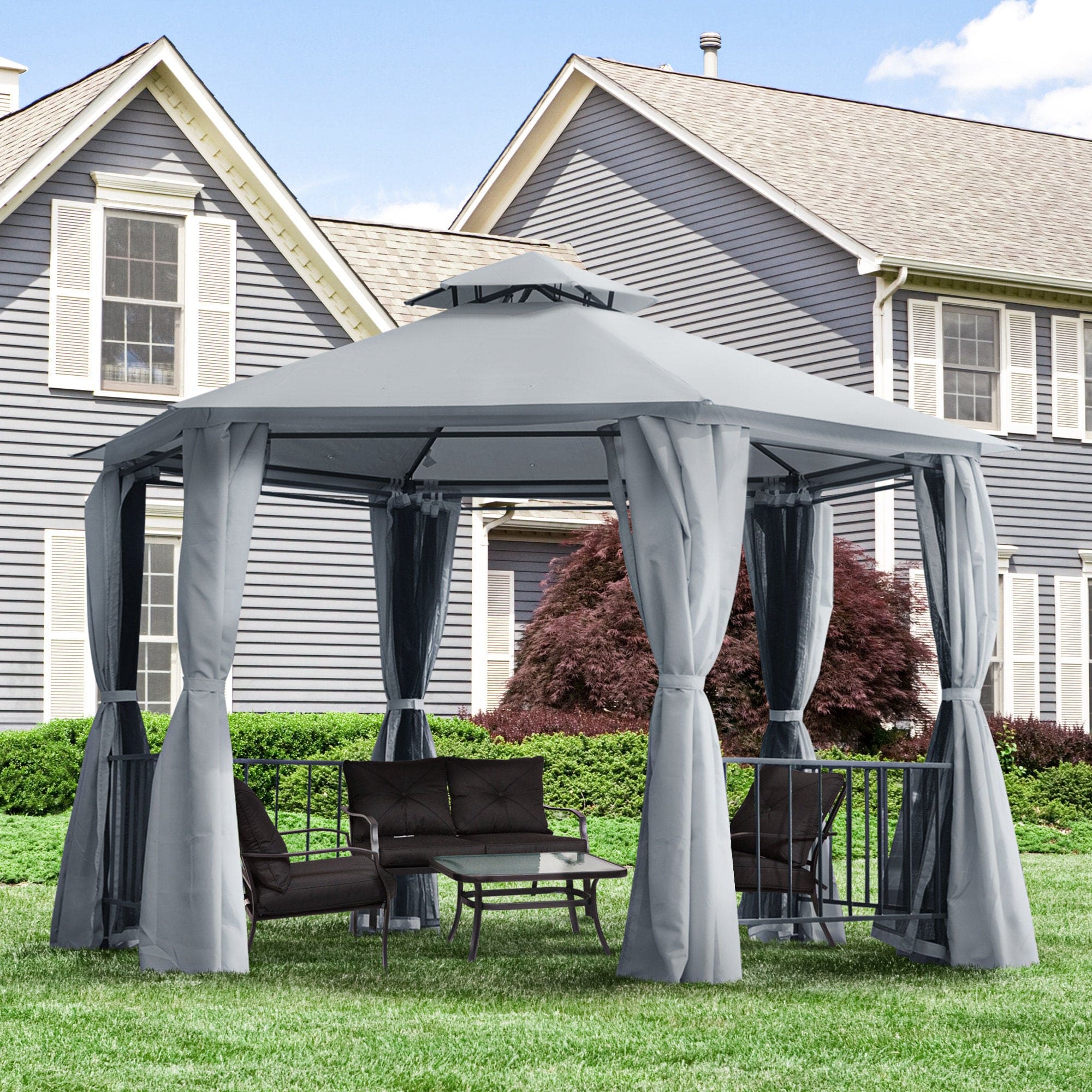 13' x 13' Patio Gazebo, Double Roof Hexagon Outdoor Gazebo Canopy Shelterwith Netting & Curtains, Solid Steel Frame for Garden, Lawn, Backyard and Deck, Grey