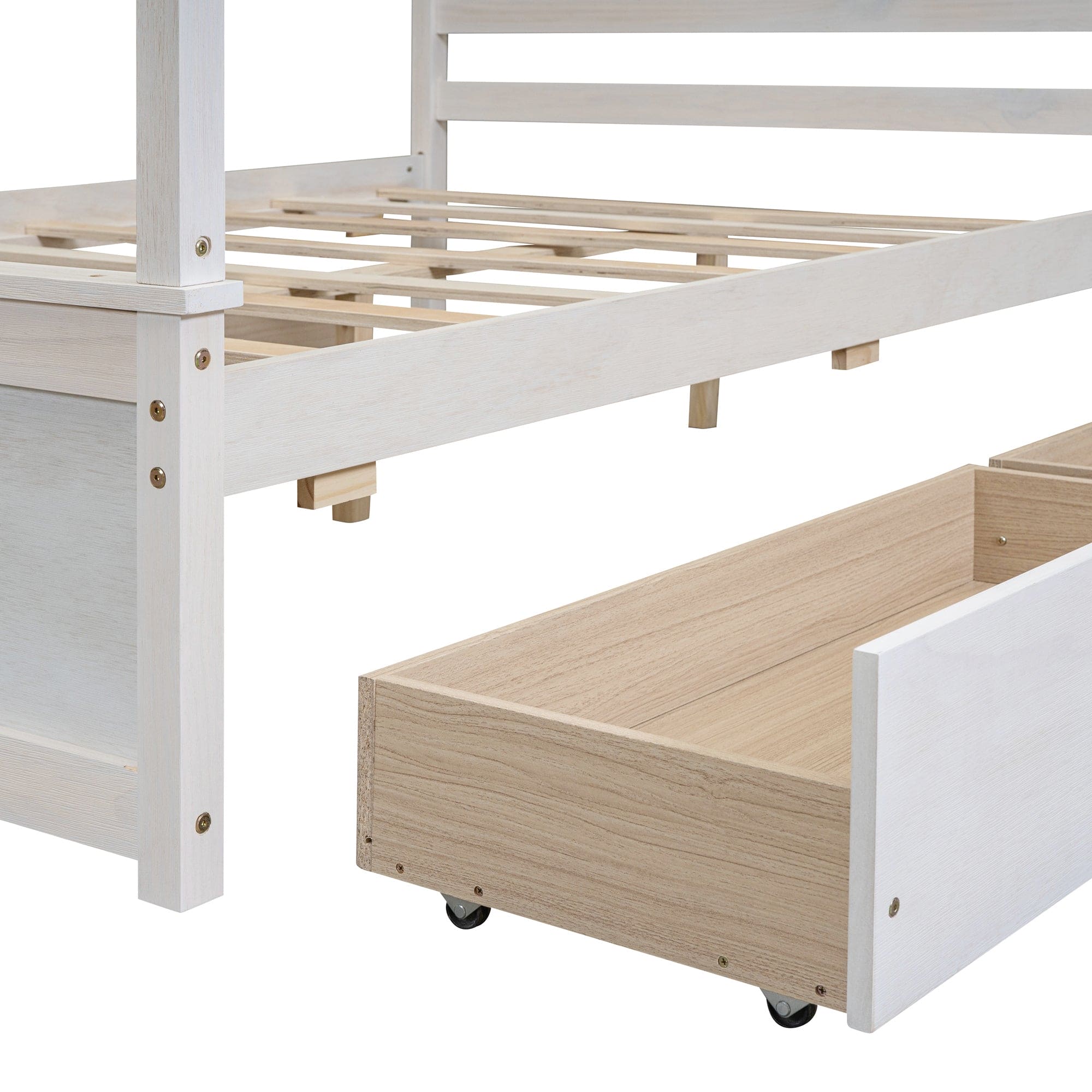 Wood Canopy Bed with four Drawers ,Full Size Canopy Platform Bed With Support Slats .No Box Spring Needed, Brushed White