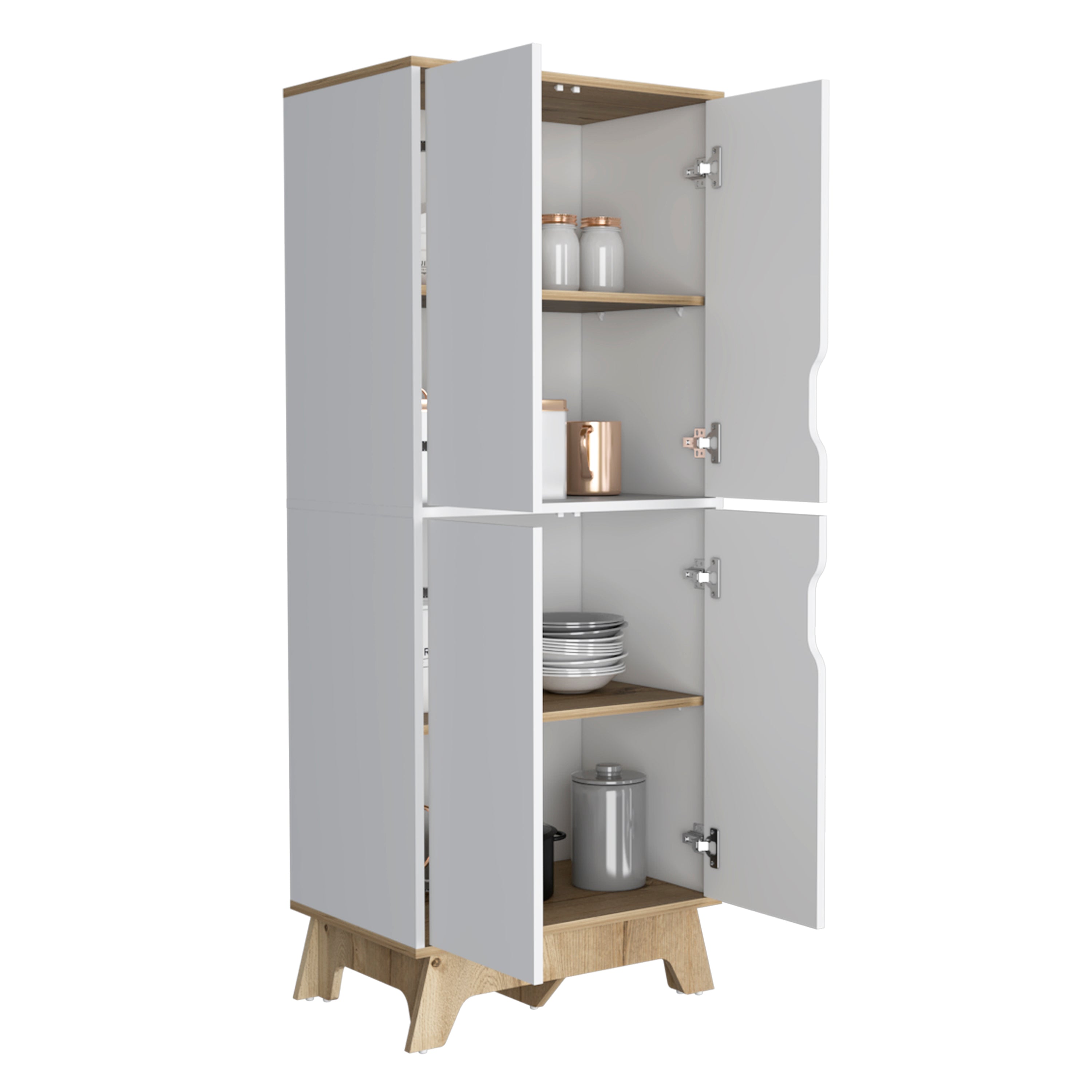 Double Kitchen Pantry Wallas, Double Door, Four Legs, Four Shelves, Light Oak / White Finish