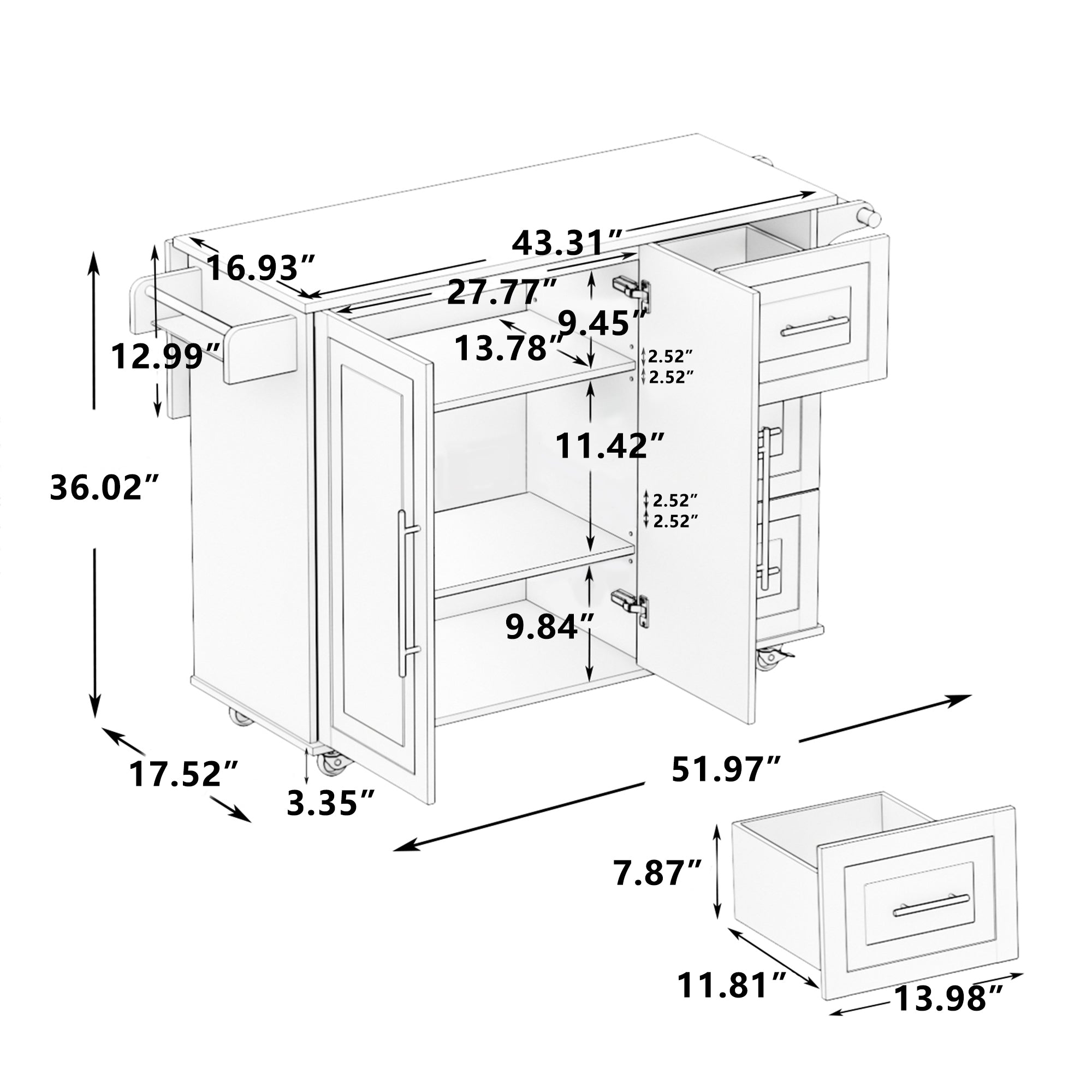 Kitchen Island Cart with 2 Door Cabinet and Three Drawers,43.31 Inch Width with Spice Rack, Towel Rack (Black)