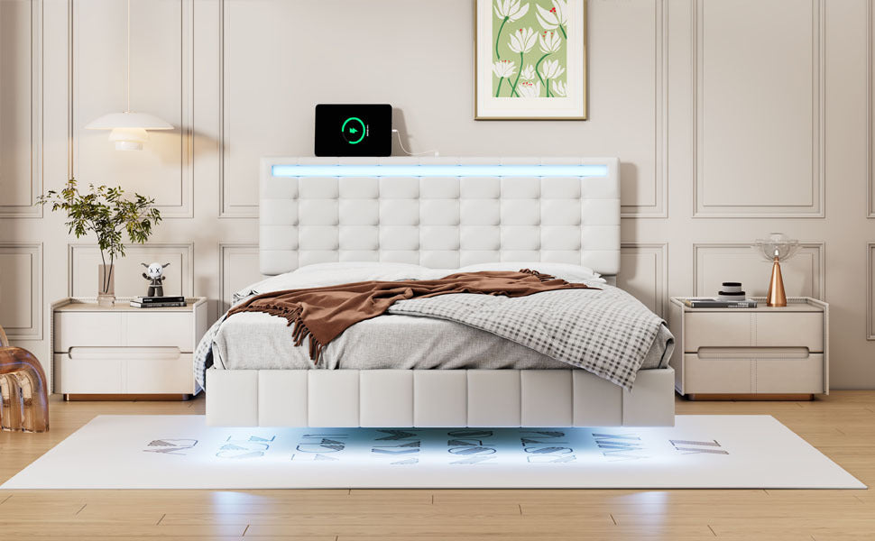 Full Size Floating Bed Frame with LED Lights and USB Charging,Modern Upholstered Platform LED Bed Frame,White(Full)