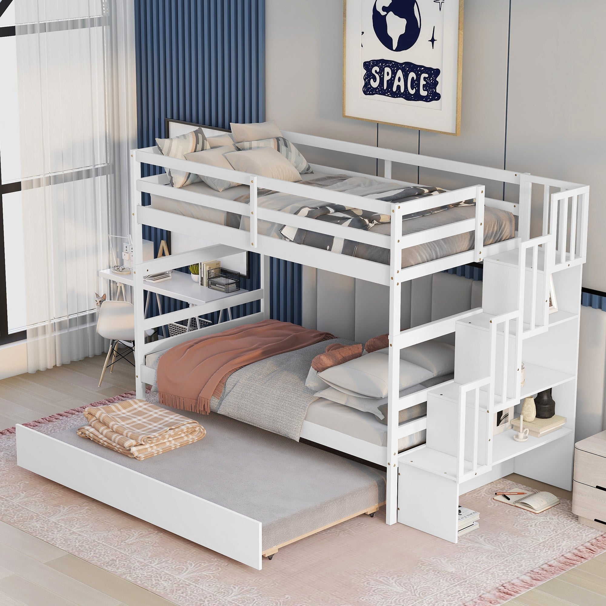 Twin over Twin Bunk Beds With Twin Trundle and Stairway Storage Function in White color