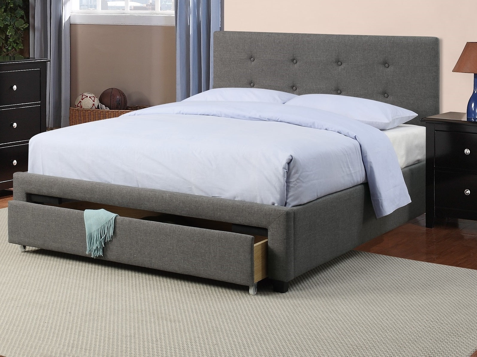 Bedroom Furniture Grey Polyfiber 1pc Queen Size Bed Tufted Headboard Storage Drawers Footboard