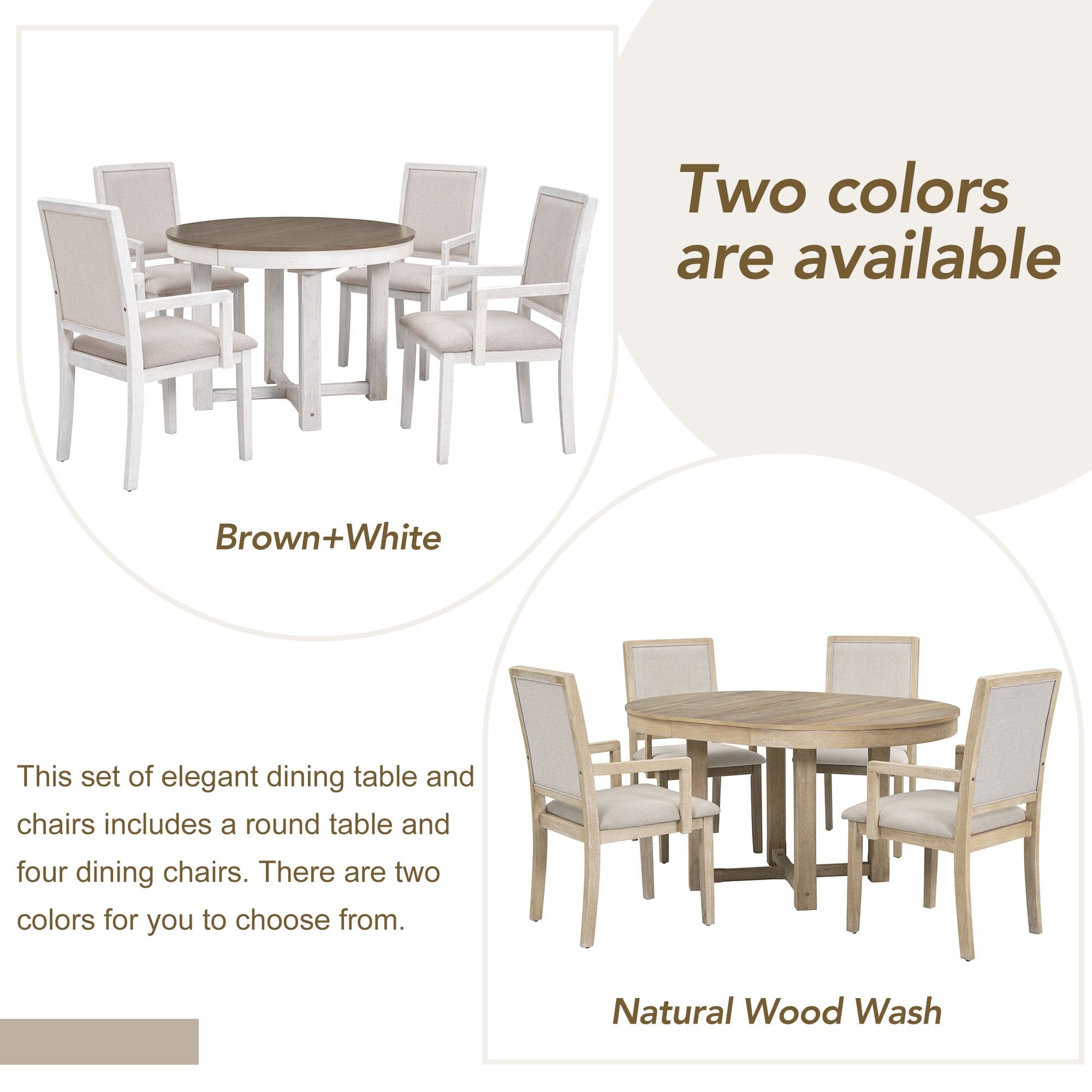 TREXM 5-Piece Dining Table Set, Two-Size Round To Oval Extendable Butterfly Leaf Wood Dining Table and 4 Upholstered Dining Chairs with Armrests (Brown+White)