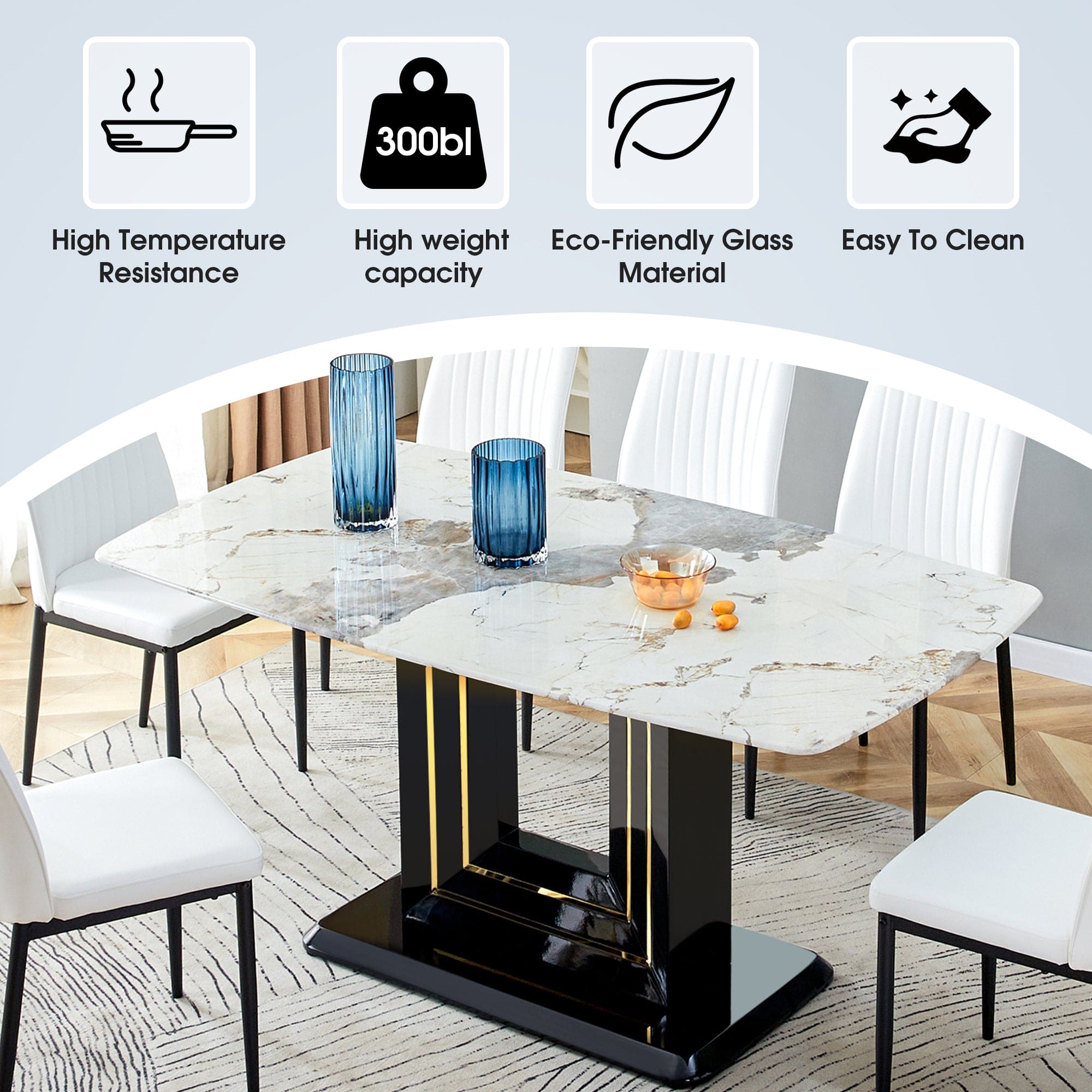 Faux Marble Dining Table Set, Glass Rectangular Kitchen Table for 6-8, Modern White Faux Marble Dining Room Table with MDF Base, Dining Table & 6 Chairs