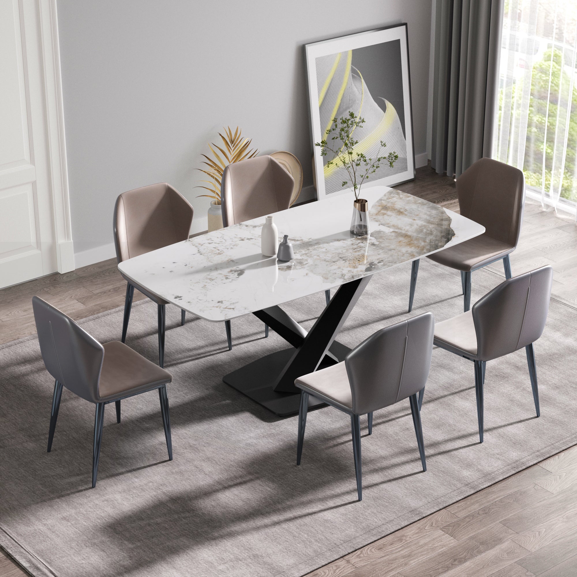 70.87"Modern artificial stone Pandora white curved black metal leg dining table-can accommodate 6-8 people