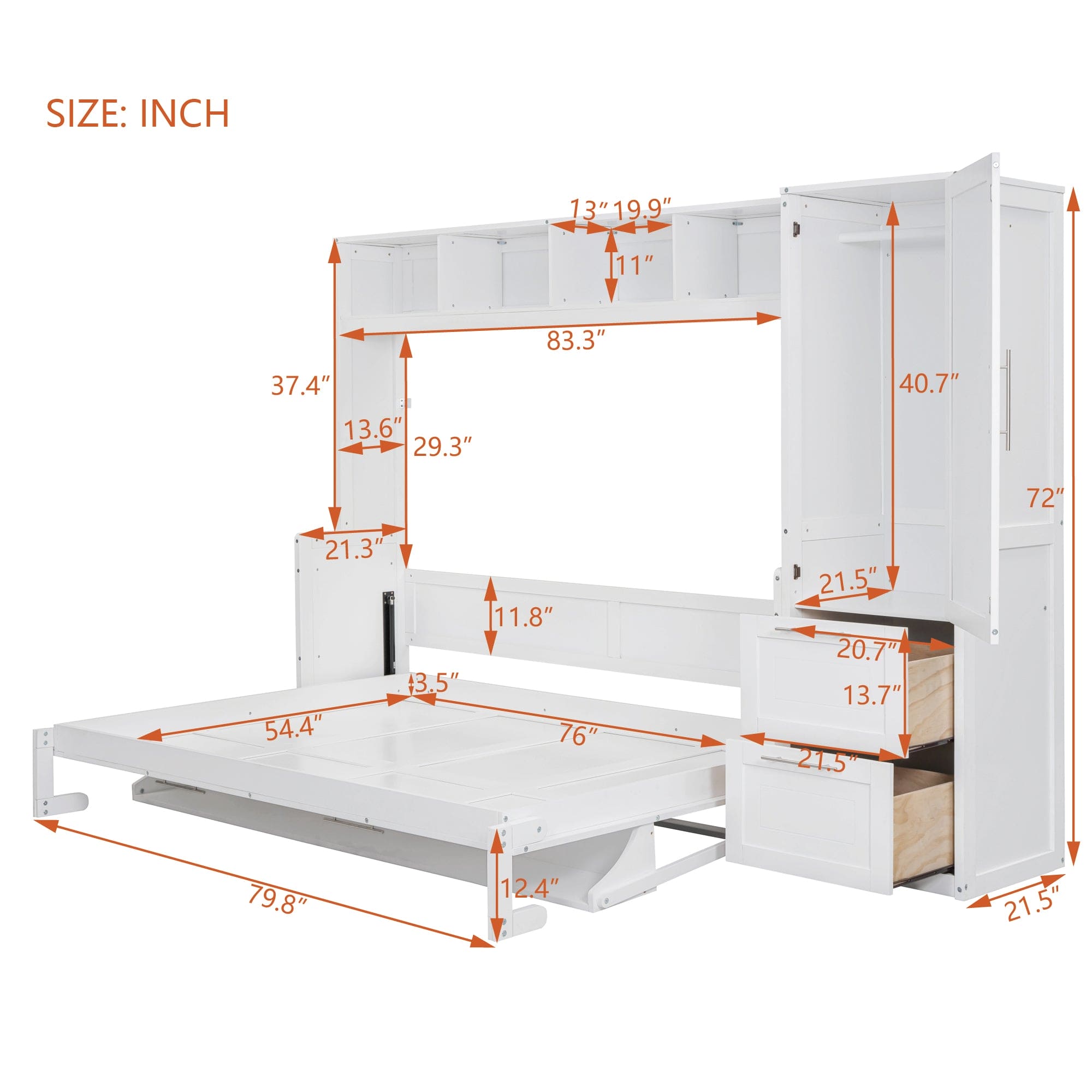 Full Size Murphy Bed Wall Bed with Closet and Drawers,White