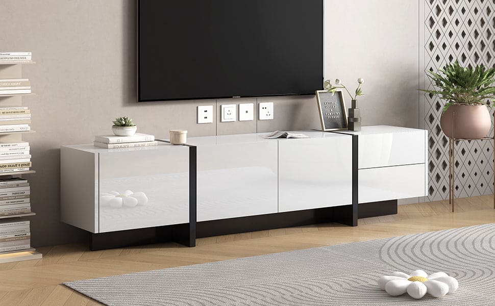 ON-TREND White & Black Contemporary Rectangle Design TV Stand, Unique Style TV Console Table for TVs Up to 80'', Modern TV Cabinet with High Gloss UV Surface for Living Room.