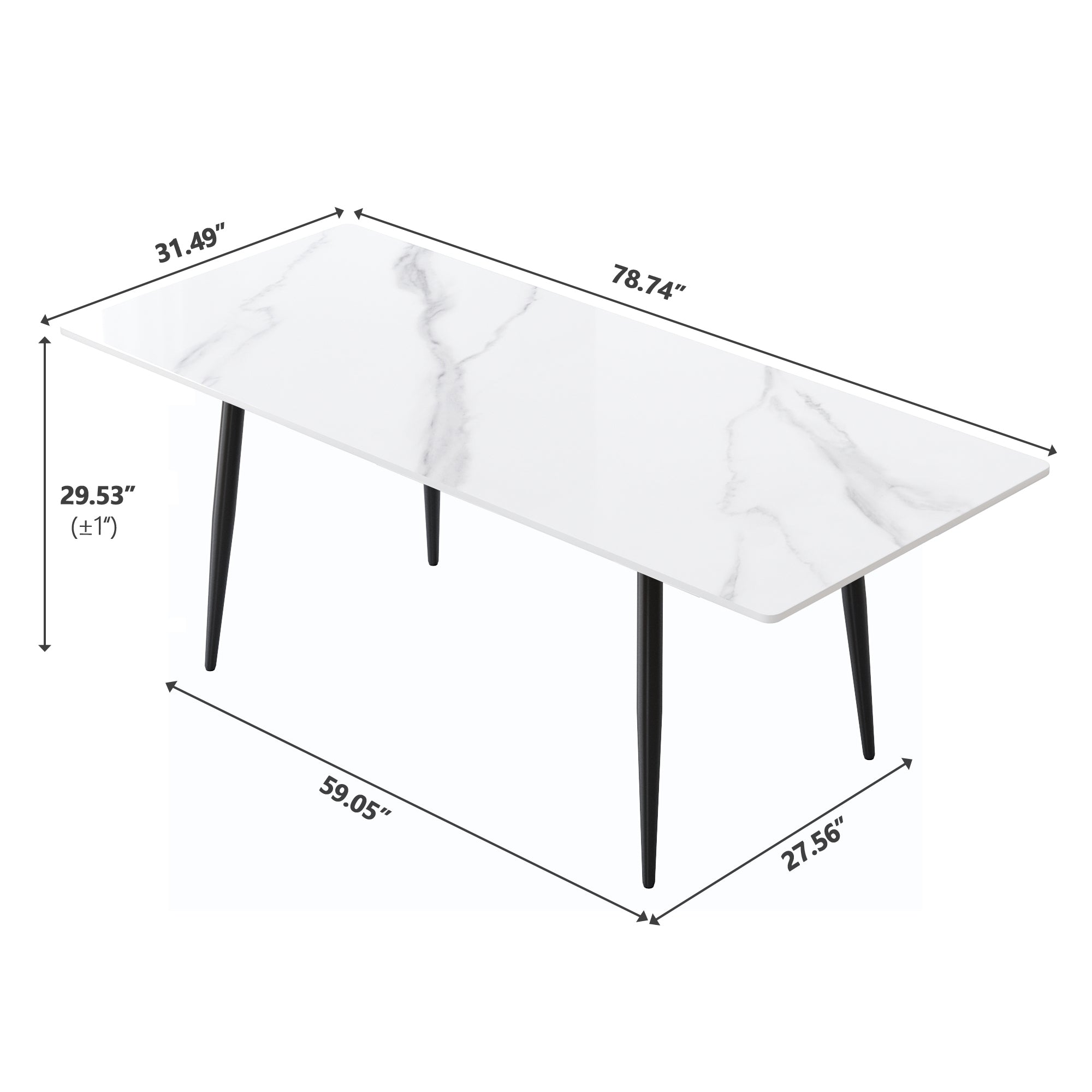 78.74" modern artificial stone white straight edge black metal leg dining table-can accommodate 8 people