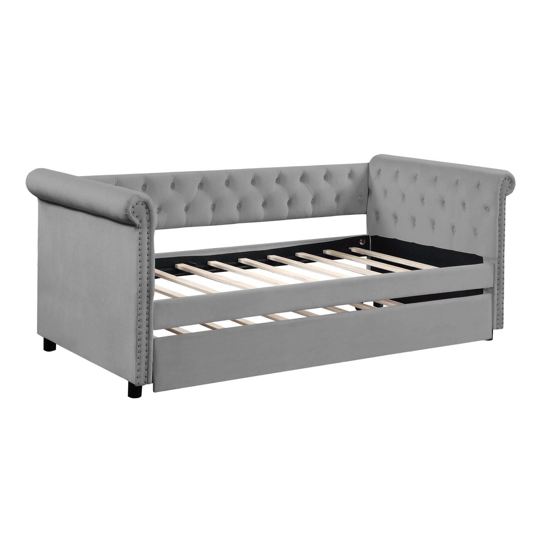 Daybed with Trundle Upholstered Tufted Sofa Bed, with Beautiful Round Armset Design, TWIN SIZE, Grey