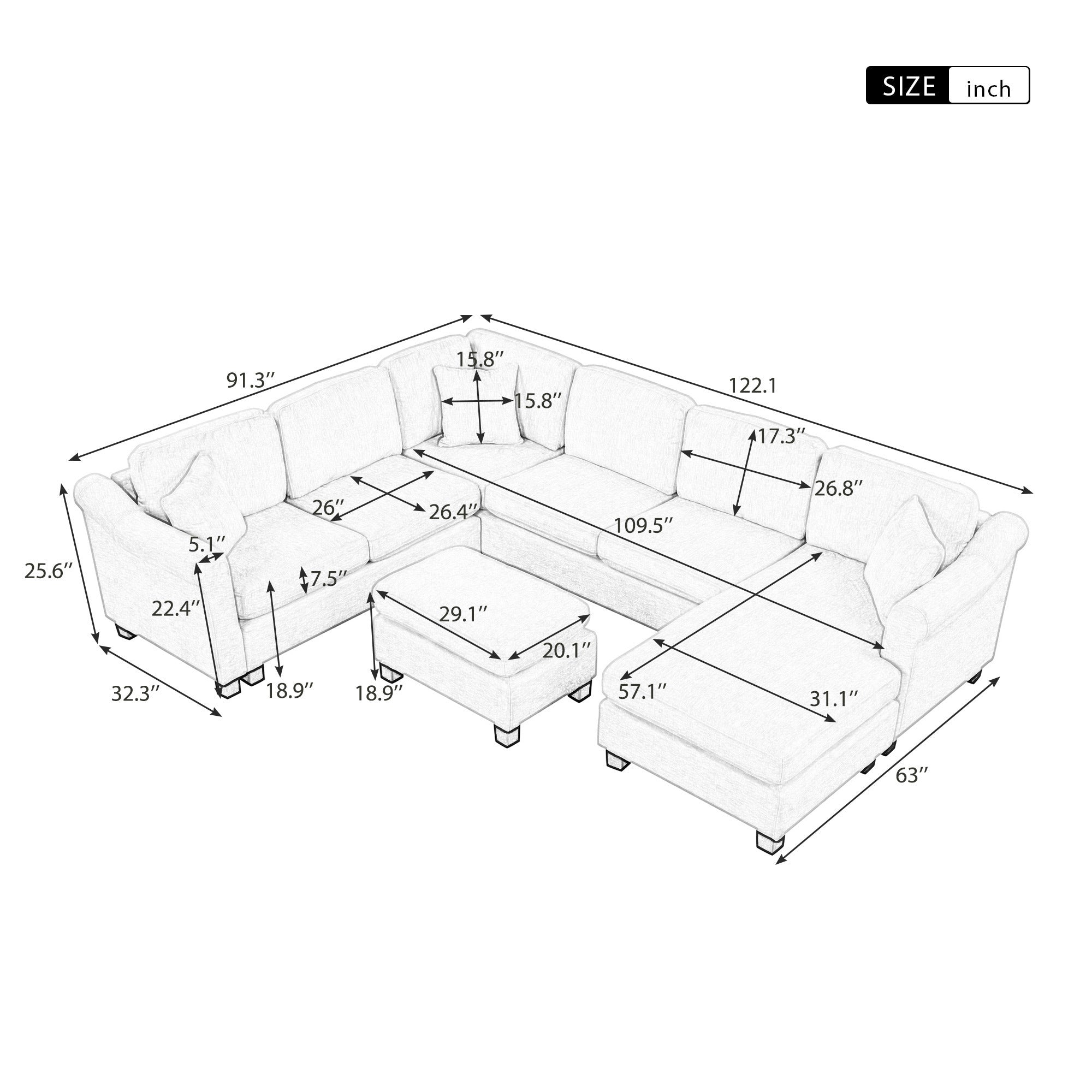 122.1" *91.3"  4pcs Sectional Sofa with Ottoman with Right Side Chaise velvet fabric White