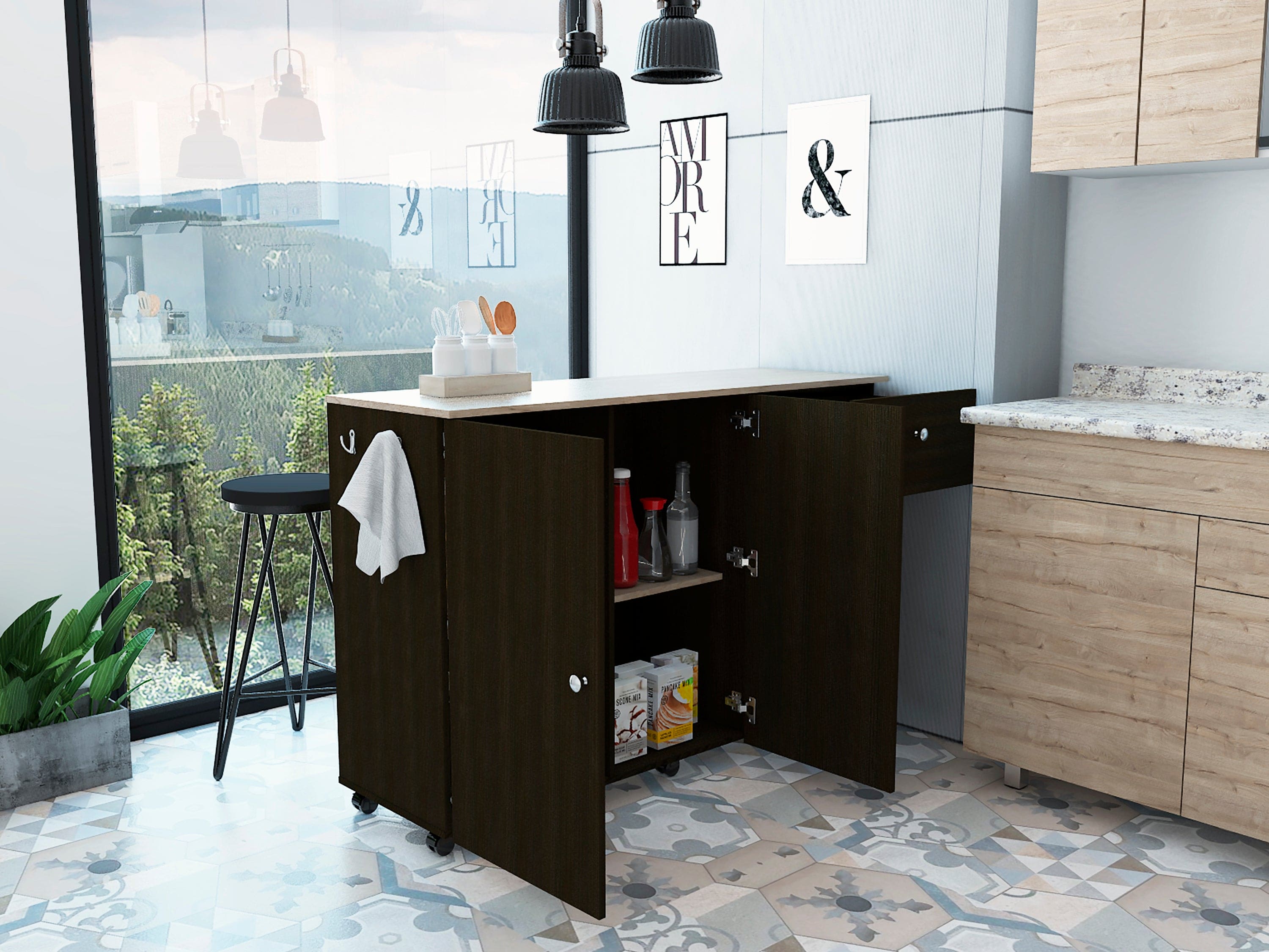 Kitchen Island Cart Victoria, Four Interior Shelves, Six Carters, One Drawer, Double Door Cabinet -Black