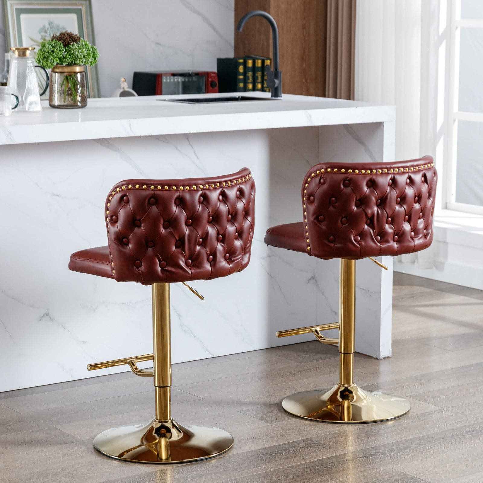 A&A Furniture,Swivel Barstools Adjusatble Seat Height, Modern PU Upholstered Bar Stools with  the whole Back Tufted, for Home Pub and Kitchen Island（Wine Red, Burgundy, Set of 2）