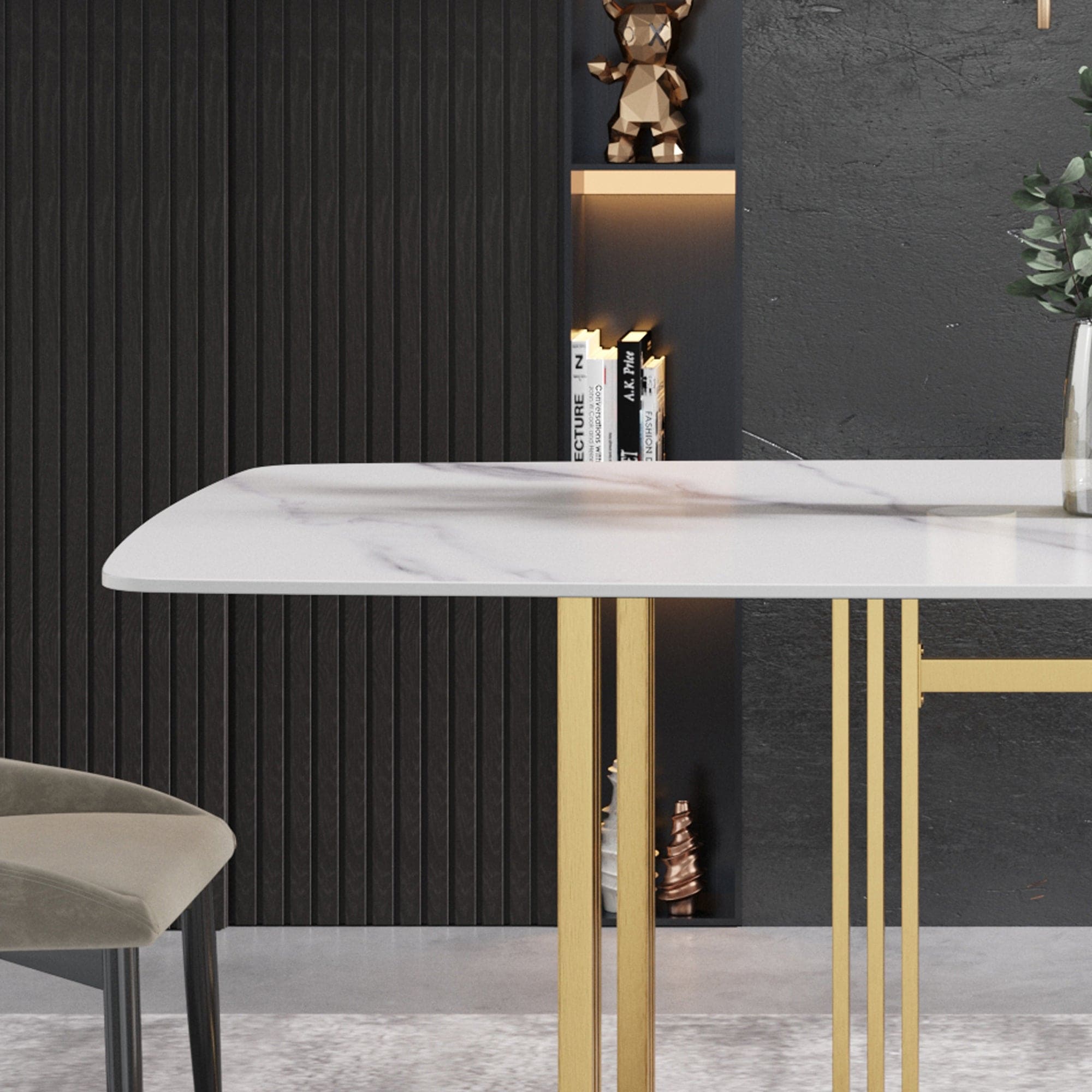 70.87"Modern artificial stone white curved golden metal leg dining table-can accommodate 6-8 people