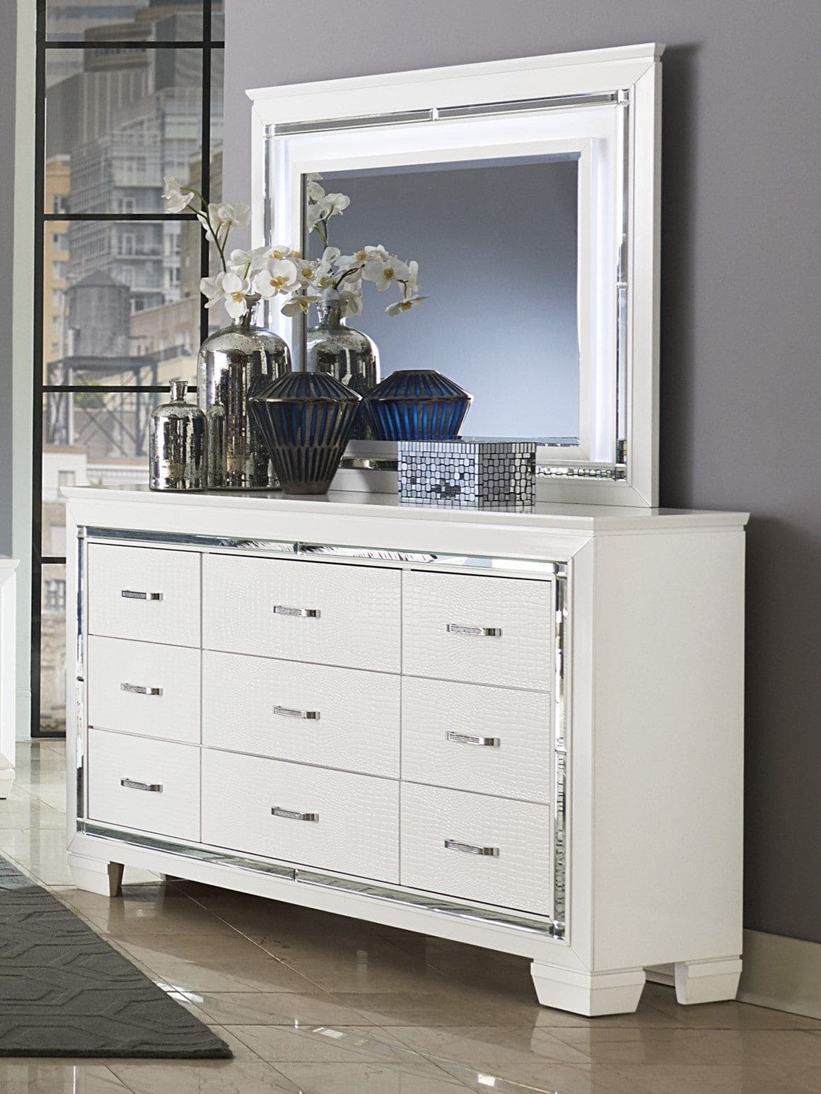 White Finish Dresser Bold Design 9 Drawers Glamorous Faux-Alligator Textured Fronts Wooden Bedroom Furniture