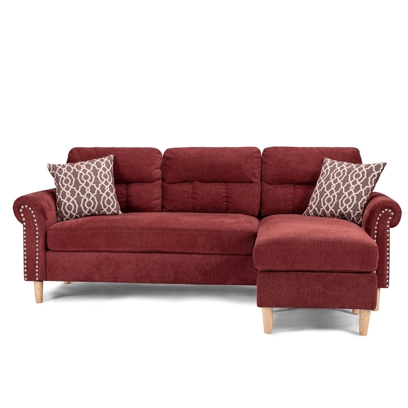 Paparika Red Color Polyfiber Reversible Sectional Sofa Set Chaise Pillows Plush Cushion Couch Nailheads