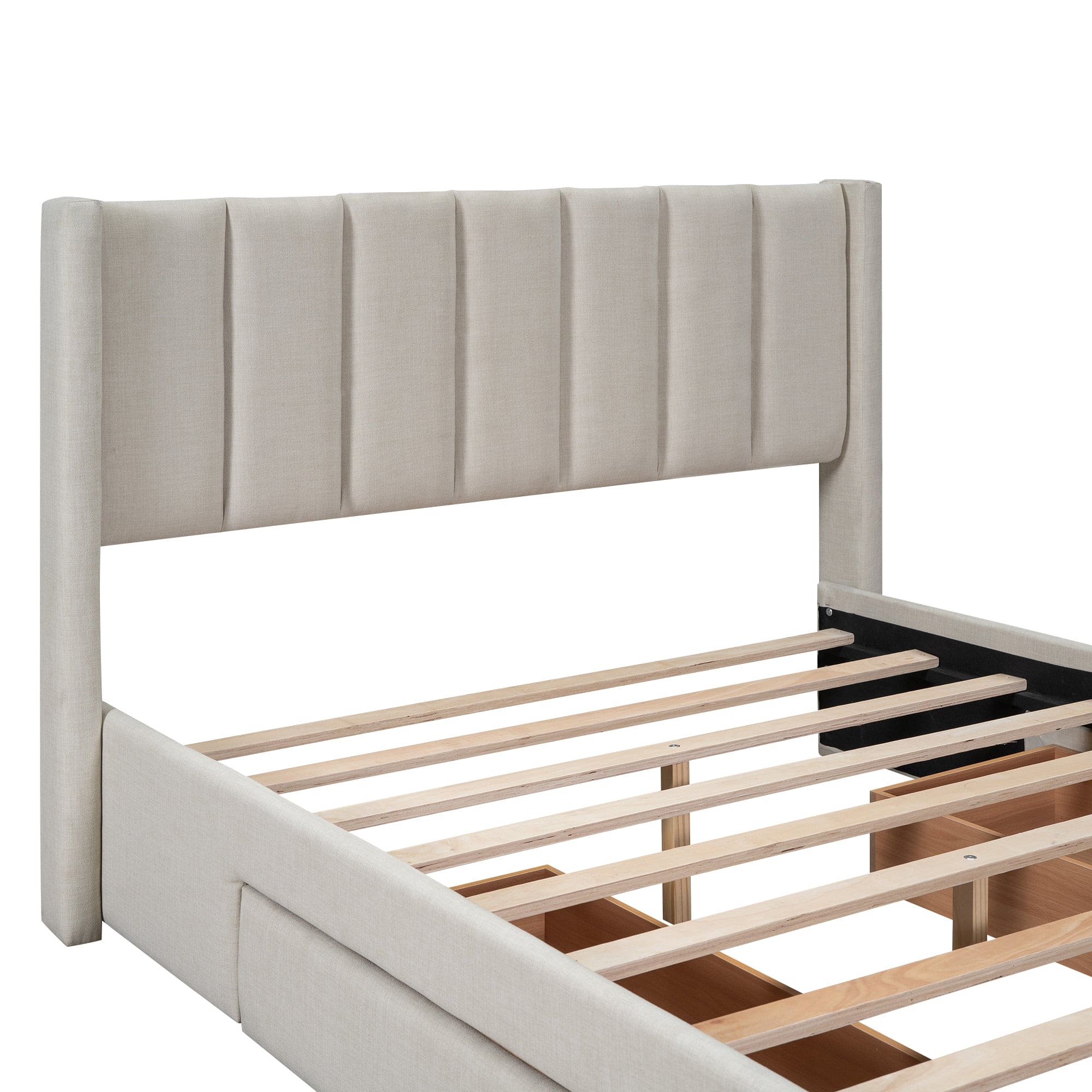 Full Size Upholstered Platform Bed with One Large Drawer in the Footboard and Drawer on Each Side,Beige