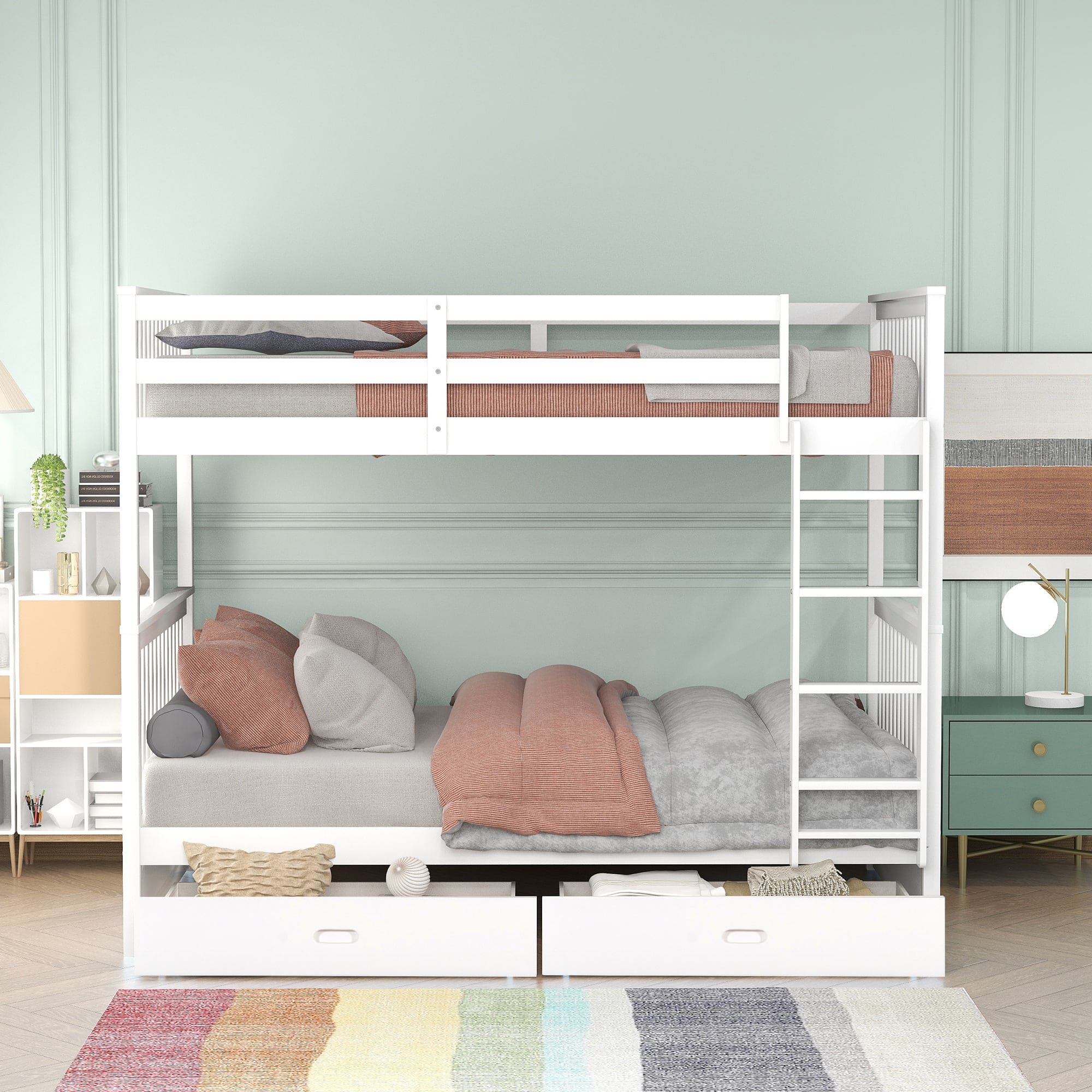 Twin-Over-Twin Bunk Bed with Ladders and Two Storage Drawers (White)(OLD SKU:LT000265AAK)