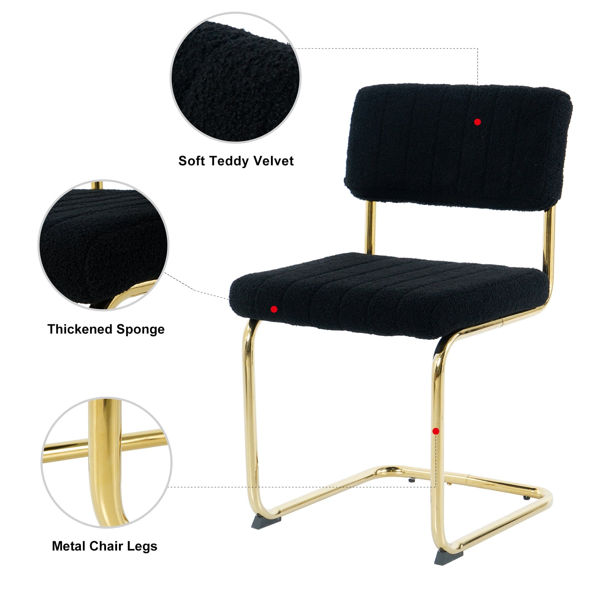 Modern simple light luxury dining Black chair home bedroom stool back dressing chair student desk chair gold metal legs(set of 2)