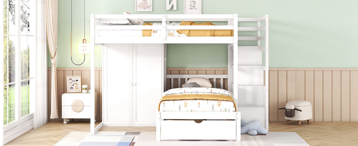 Full Over Twin Bunk Bed with Wardrobe, Drawers, White