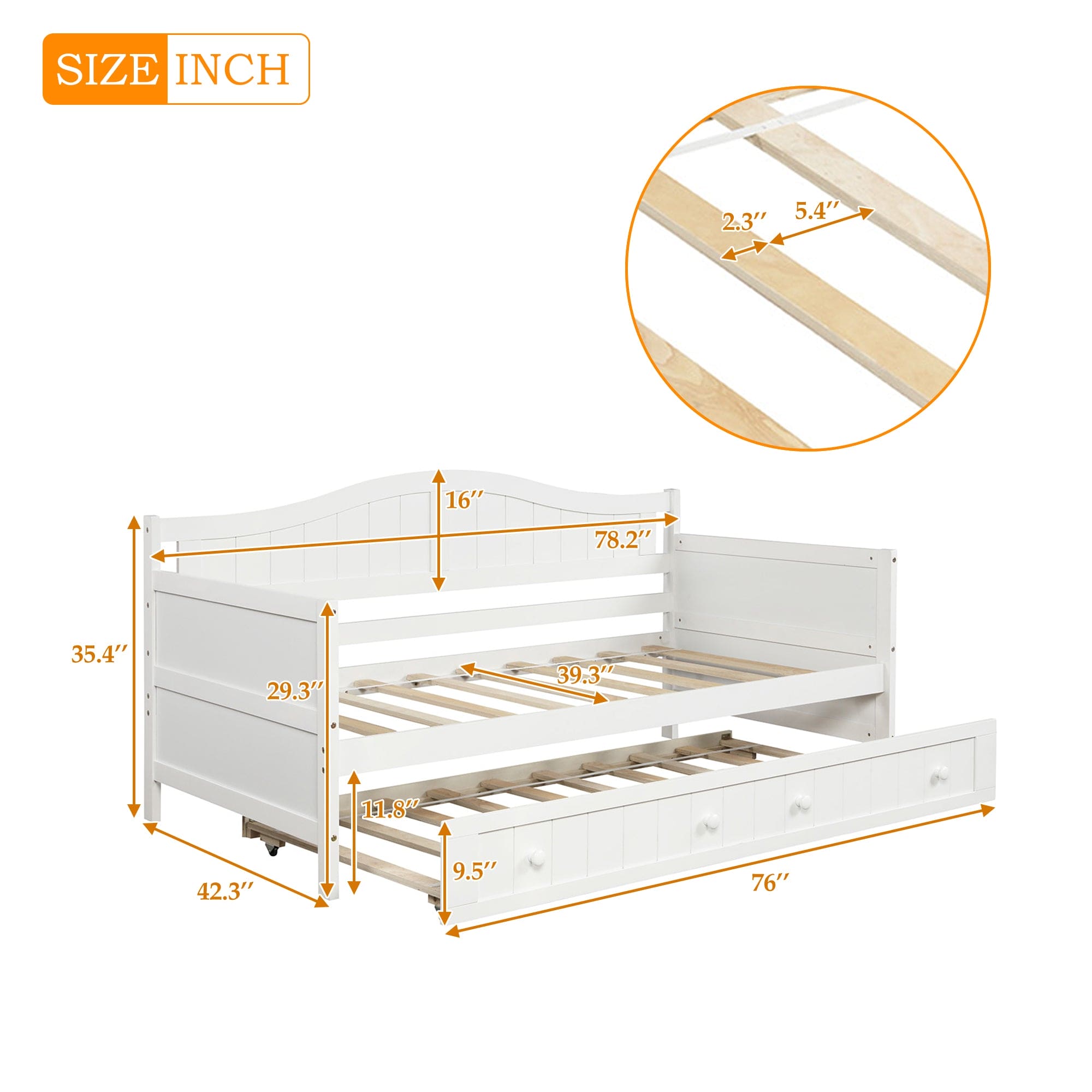 Twin Wooden Daybed with Trundle Bed, Sofa Bed for Bedroom Living Room,White