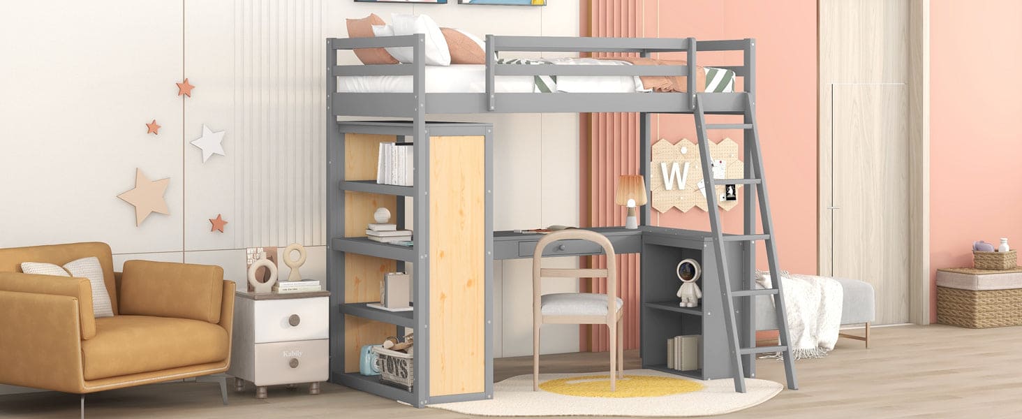 Twin Size Loft Bed with Ladder, Shelves, and Desk, Gray(LT100225AAE)