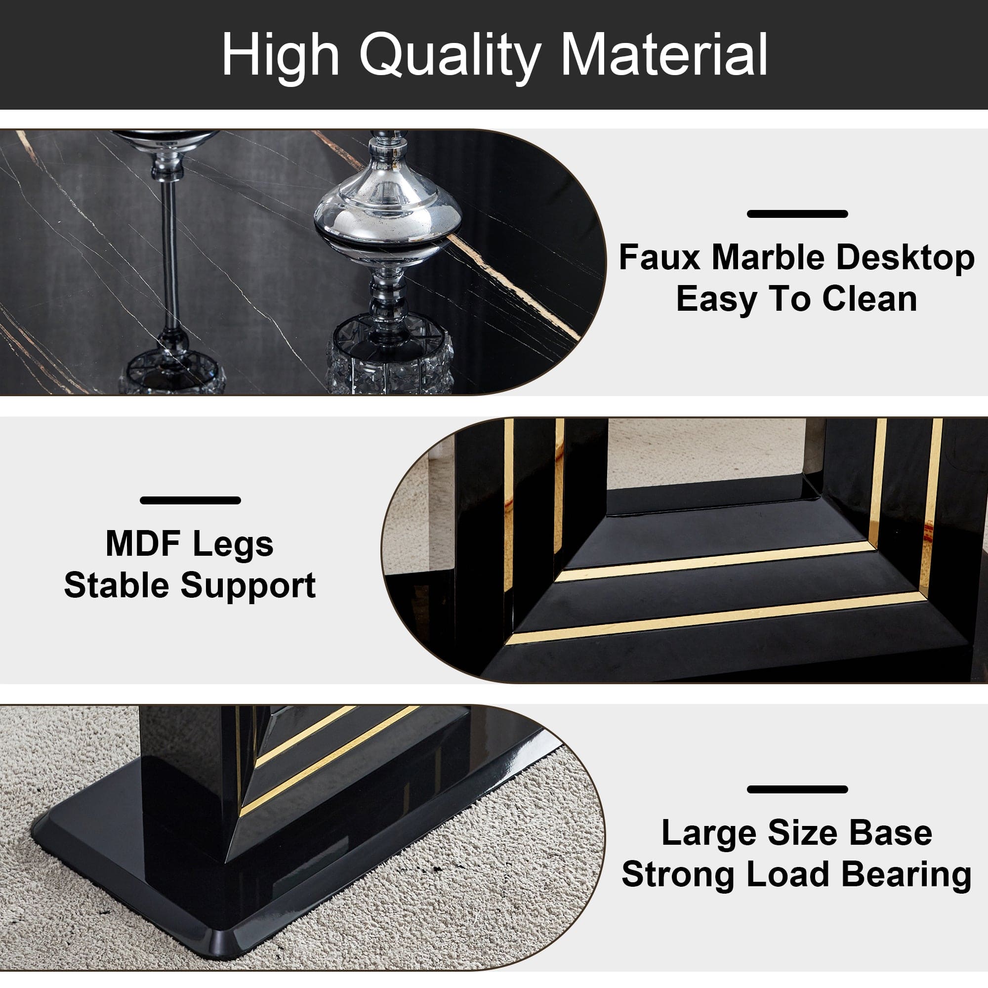 A table and four chairs. The table features a black imitation marble pattern tabletop and black gold MDF legs. The chair has a black PU backrest cushion and black metal legs. F-SQ  C-1162