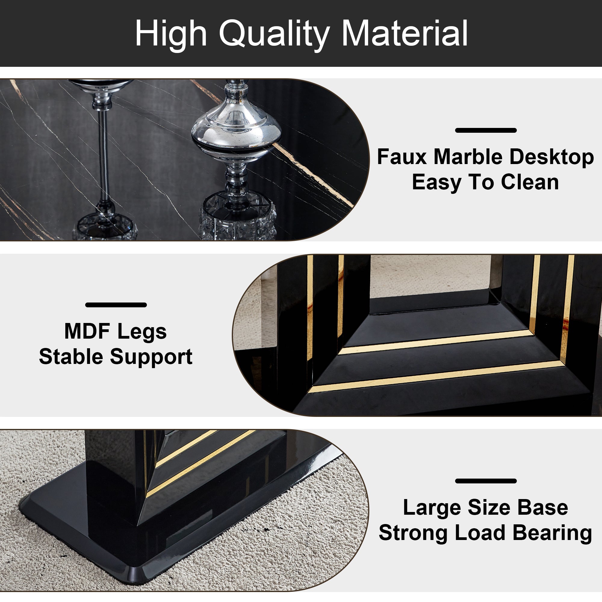 A table and six chairs. The table features a black imitation marble pattern tabletop and black gold MDF legs. The chair has a black PU backrest cushion and black metal legs. F-SQ  C-1162