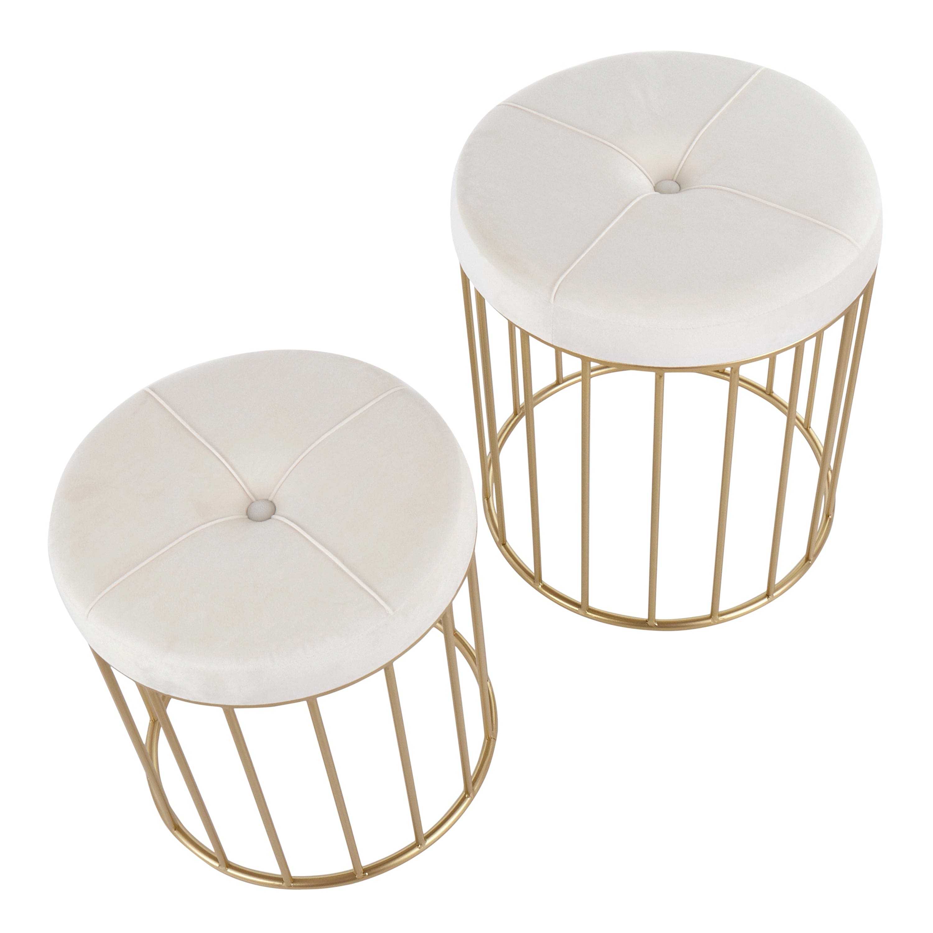 Canary Contemporary Nesting Ottoman Set in Gold Metal and Cream Velvet by LumiSource