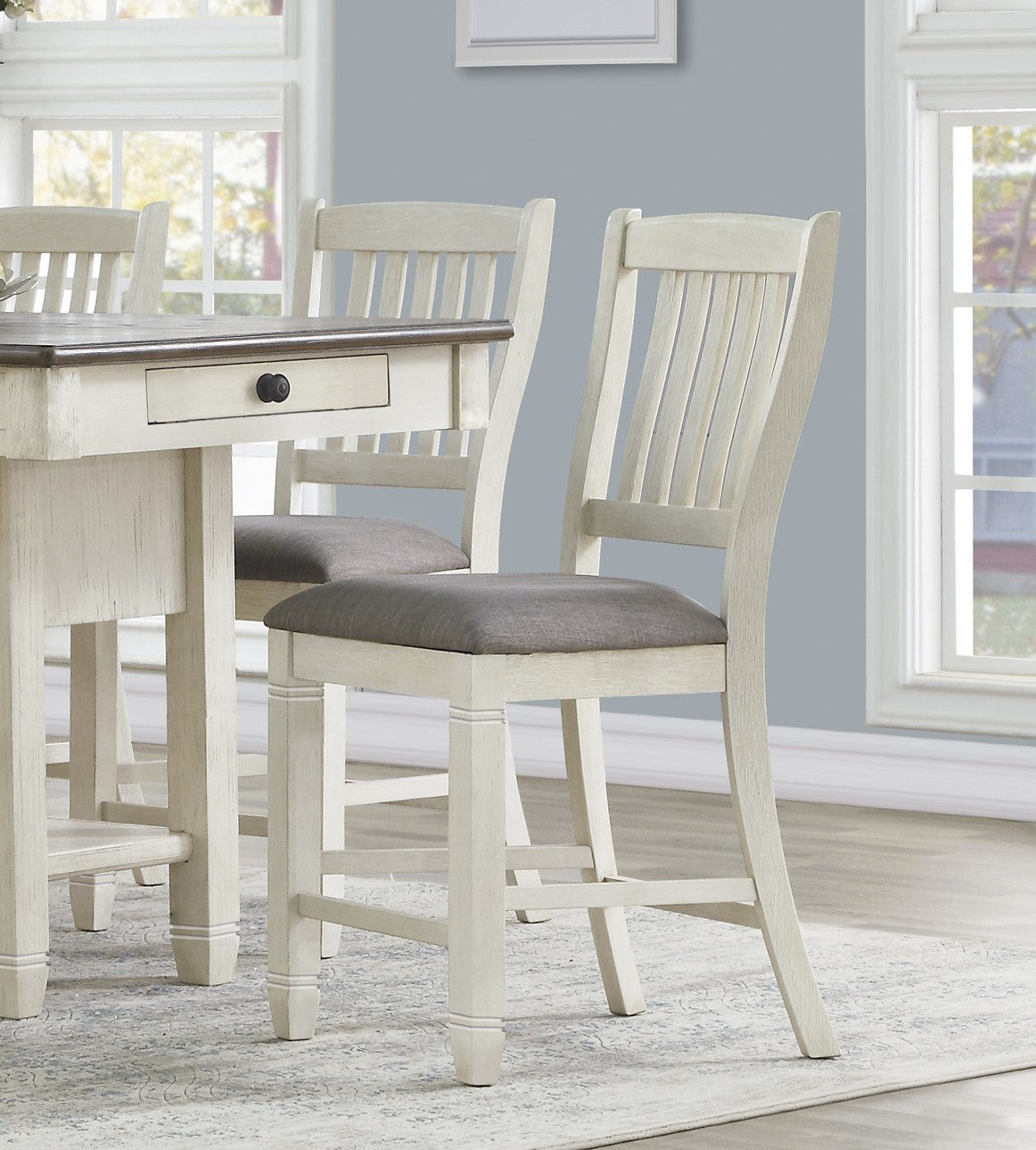 Antique White and Rosy-Brown Counter Height Dining 5pc Set Counter Height Table w Storage Display Shelf 4x Drawers Wine Rack and 4x Counter Height Chairs