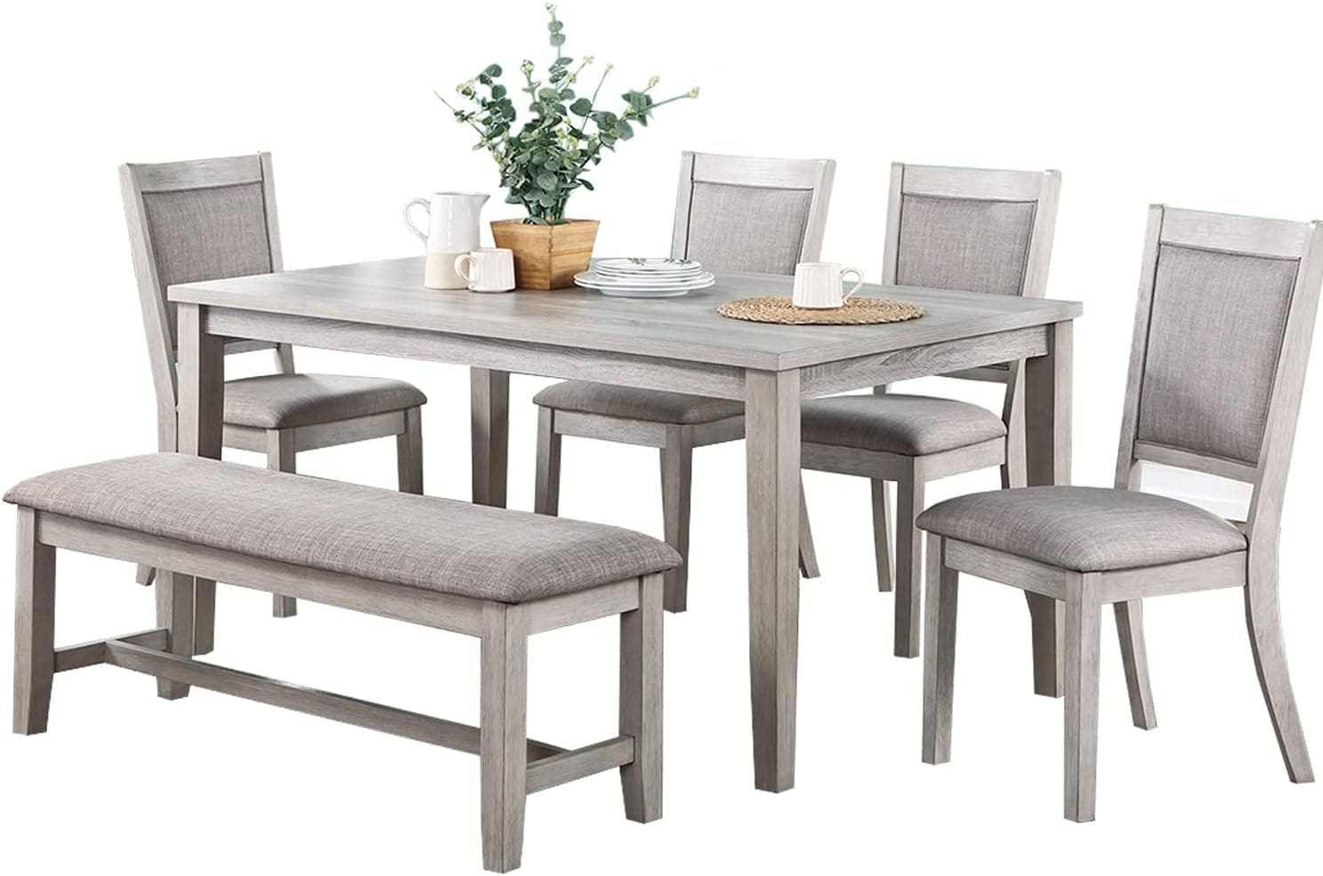 Contemporary Dining 6pc Set Table w 4x Side Chairs And Bench Natural Finish Padded Cushion Seats Chairs Rectangular Dining Table Dining Room Furniture