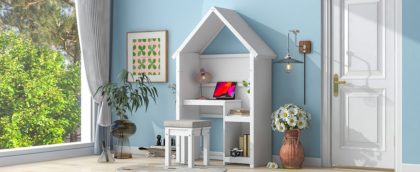 House-Shaped Desk with a cushion stool,White