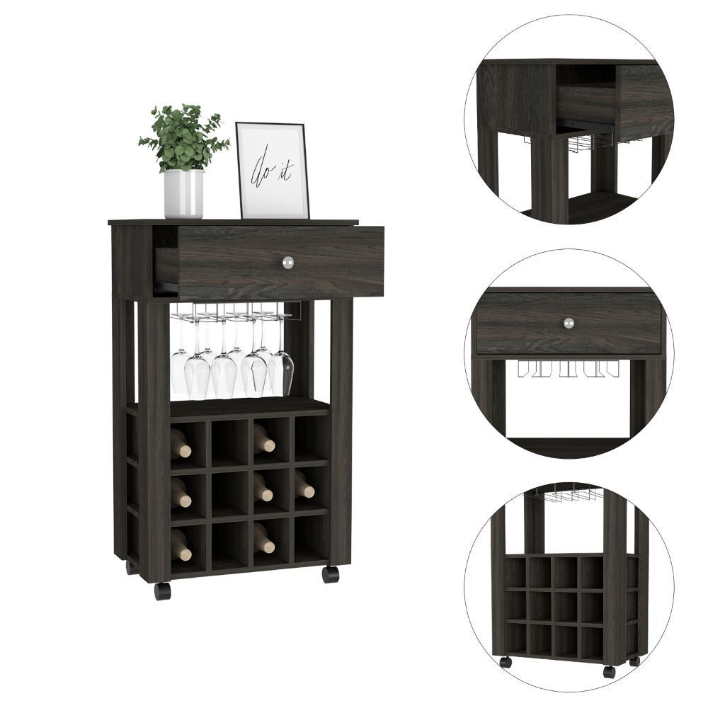 Bar Cart Bayamon, Twelve Wine Cubbies, Four Legs, Carbon Espresso Finish