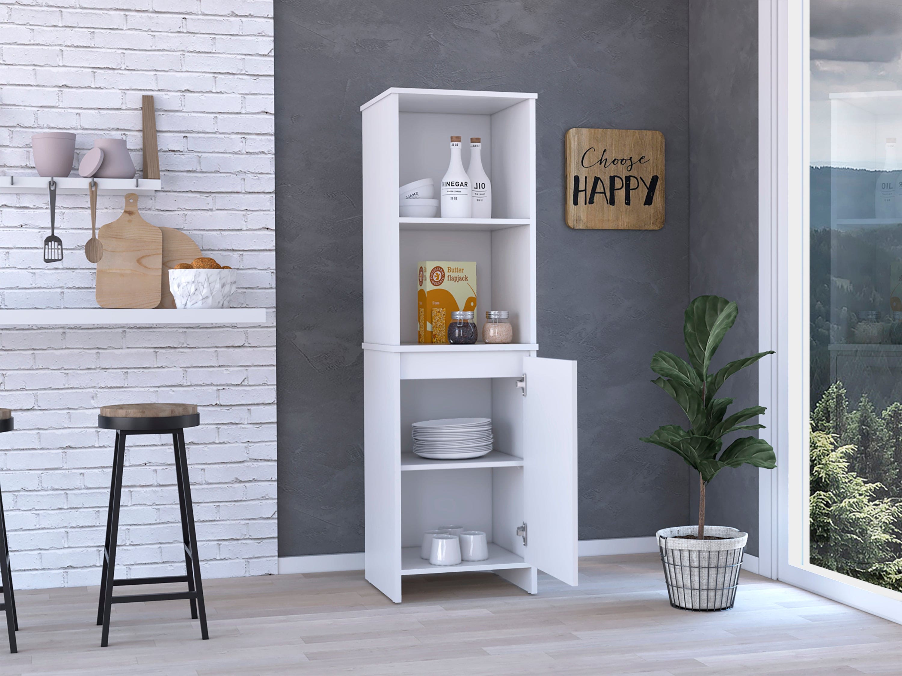 Kitchen Pantry Feery, Single Door Cabinet, Interior and External Shelves, White Finish