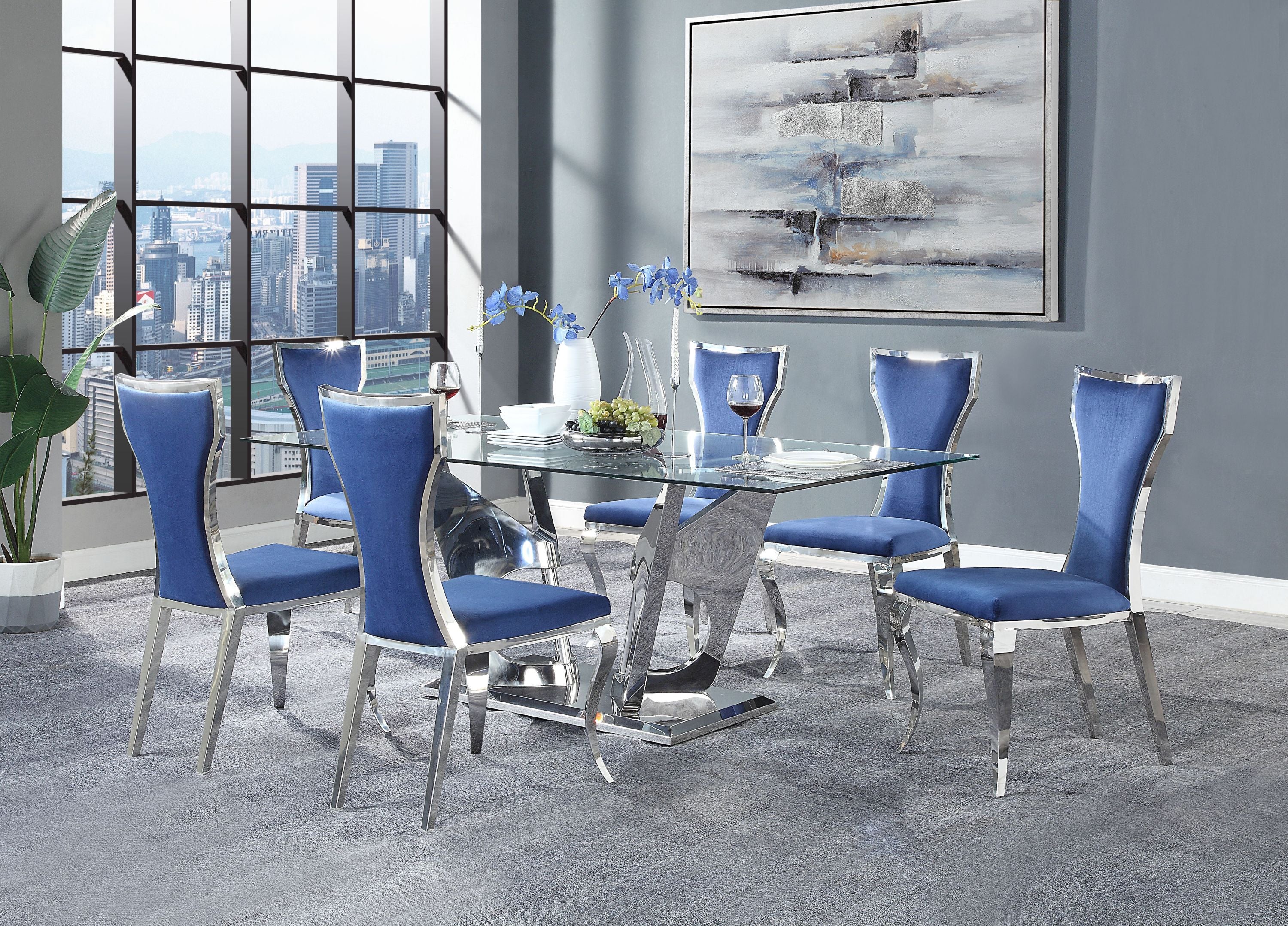 ACME Azriel Side Chair(Set-2), Blue Velvet & Mirroed Silver Finish DN01192